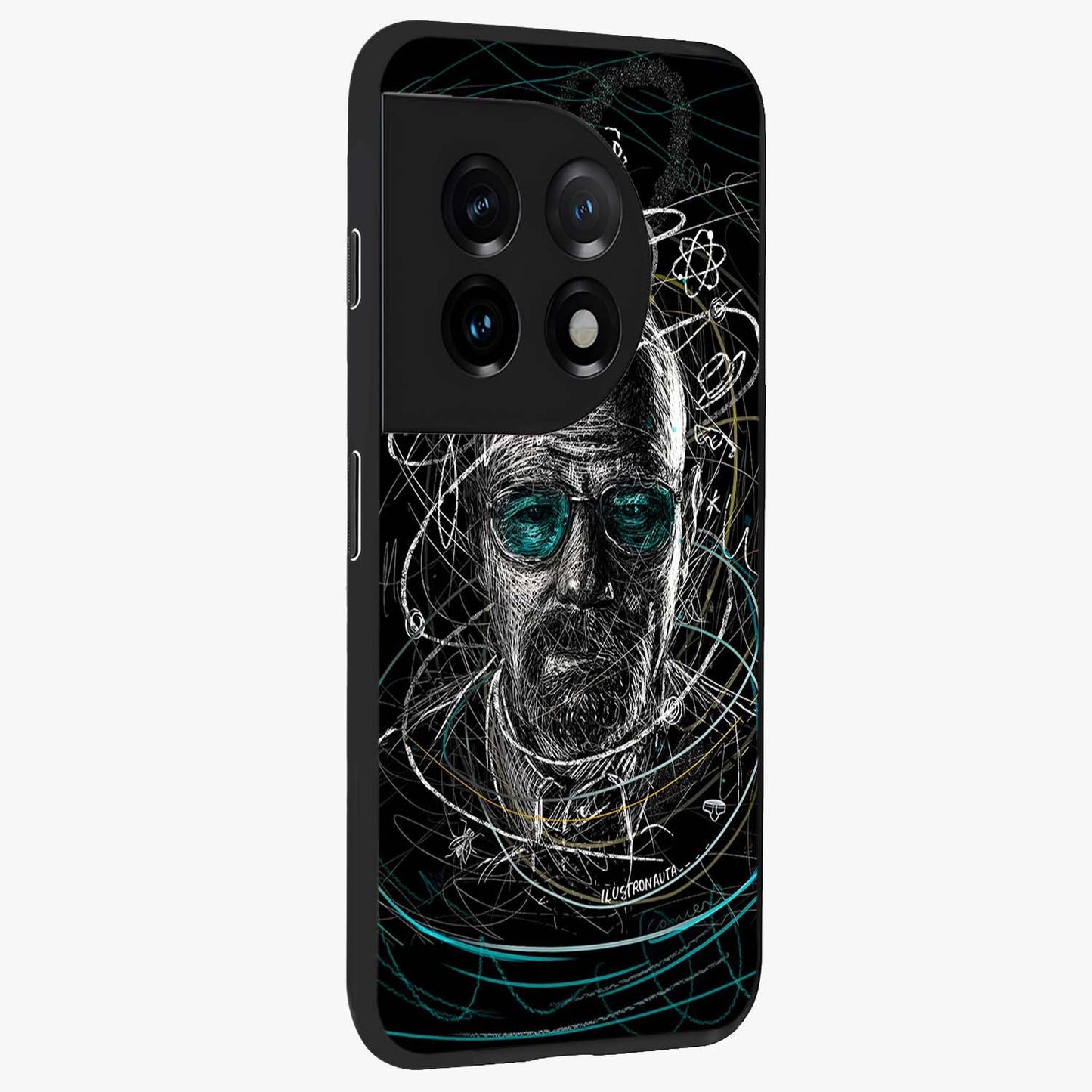Chaotic Mind Genius Glass Case for 1+11 side perspective highlighting creative detailing and premium edge finish