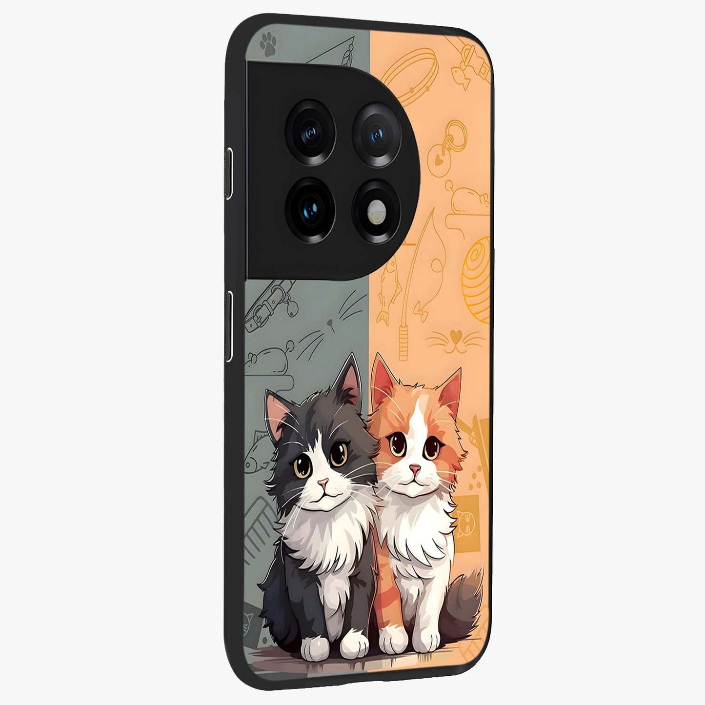 Cozy Cat Duo Glass Case for 1+11 side perspective highlighting playful cat detailing and sleek edges