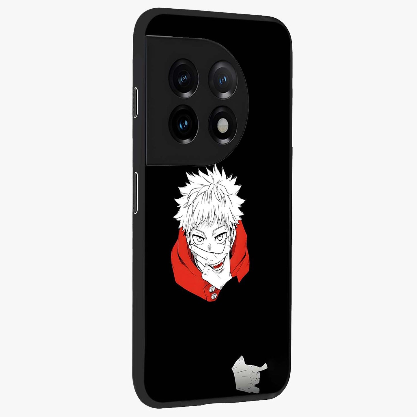 Crimson Chaos Smile Glass Case for 1+11 side perspective highlighting intense color contrast and sleek edges