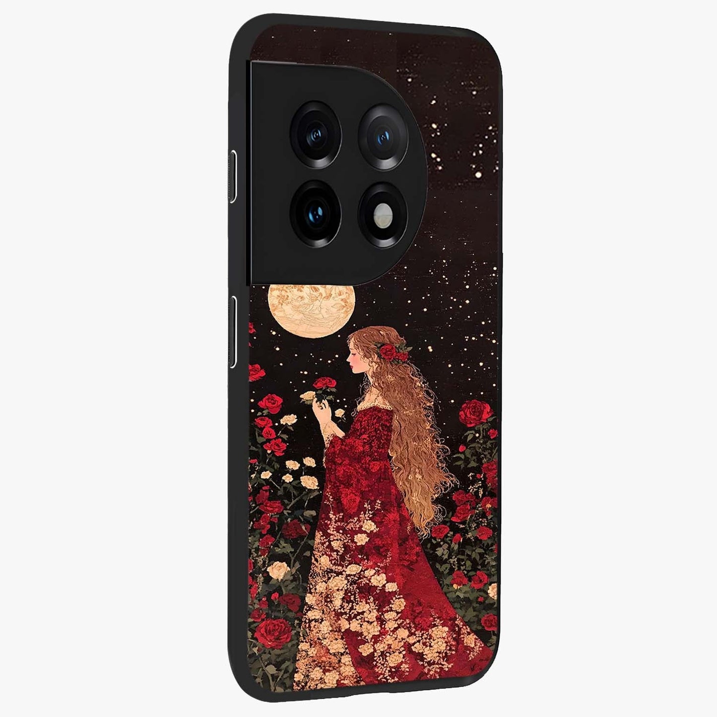 Crimson Dreams Glass Case for 1+11 side perspective highlighting vibrant tones and premium edge detailing