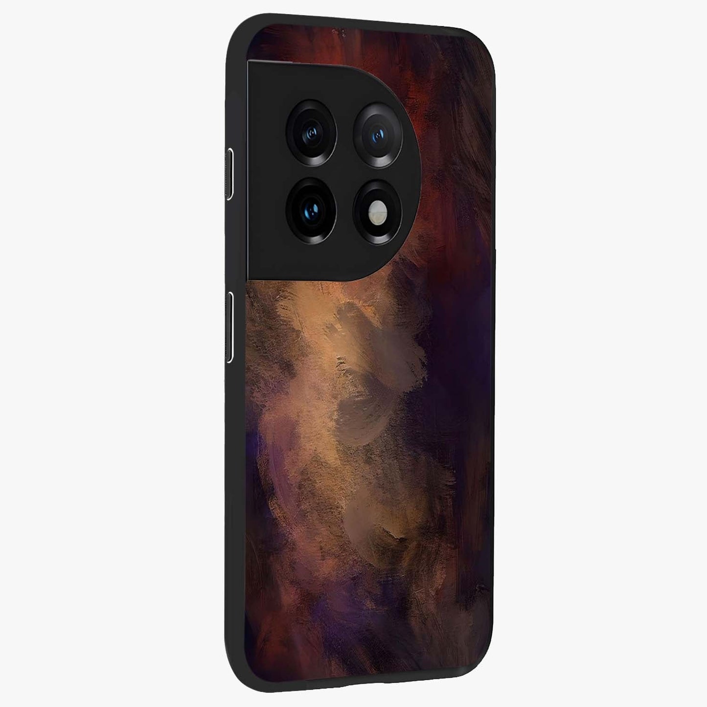 Crimson Dusk Whirl Glass Case for 1+11 side perspective highlighting fluid red textures and sleek build