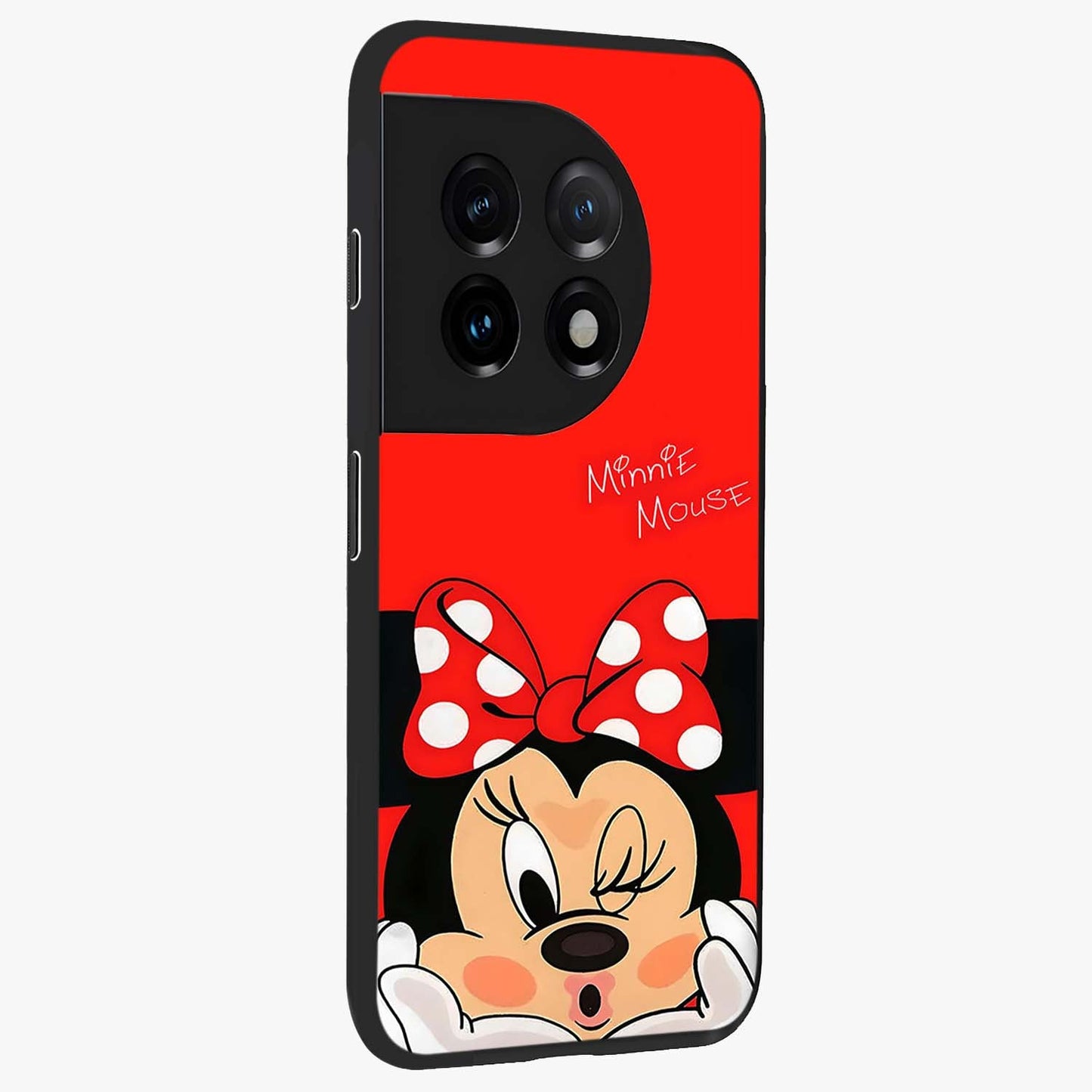 Cute Minnie Love Glass Case for 1+11 side perspective highlighting cute illustration textures and smooth premium edges