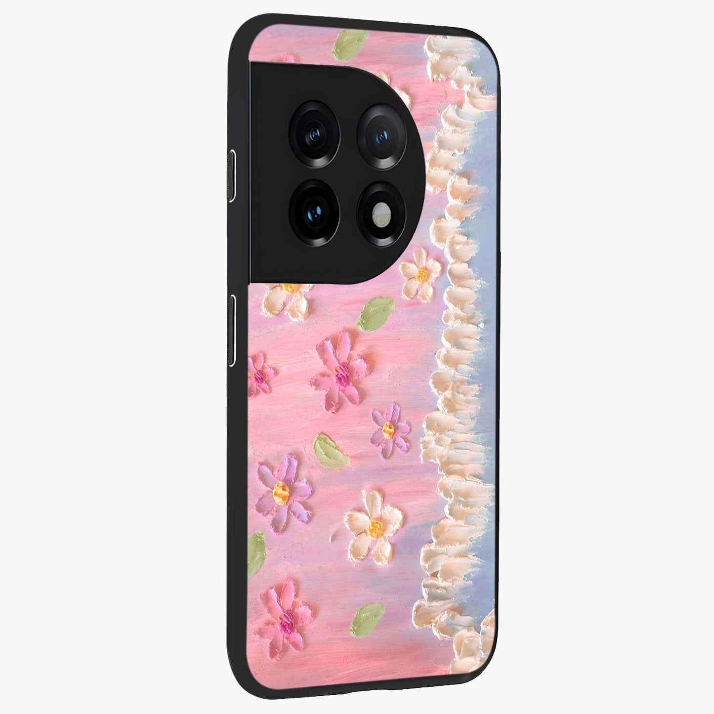 Dreamy Painted Garden Glass Case for 1+11 side perspective highlighting colorful bloom details and premium edges