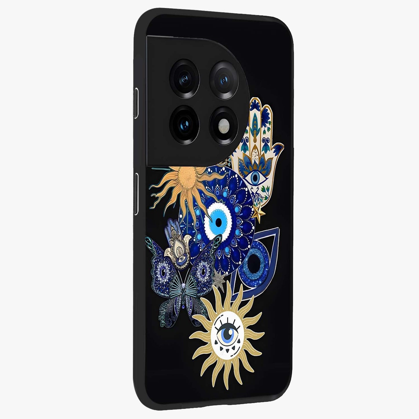 Evil Eye Charm Vibes Glass Case for 1+11 side perspective highlighting vibrant textures and premium edge finish