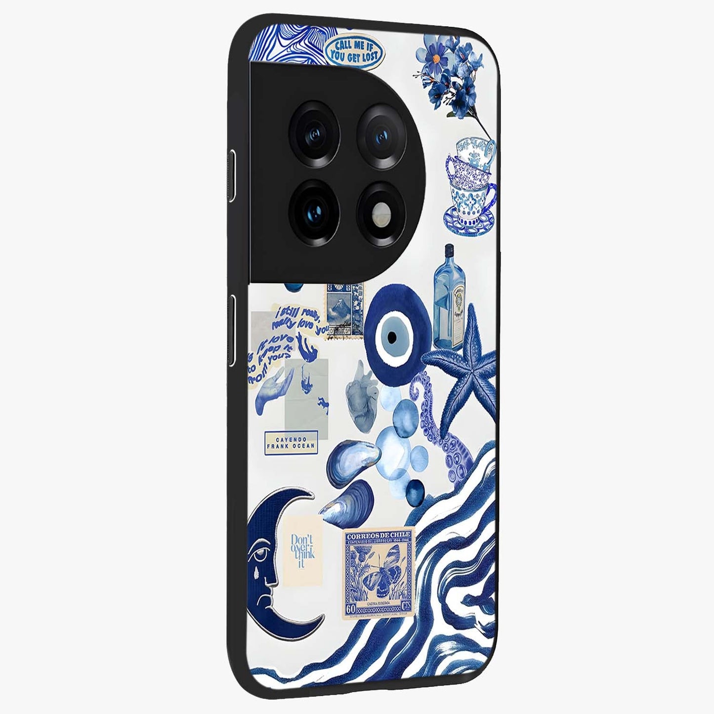 Evil Eyes Dark Blue Glass Case for 1+11 side perspective highlighting intense blue detailing and premium build