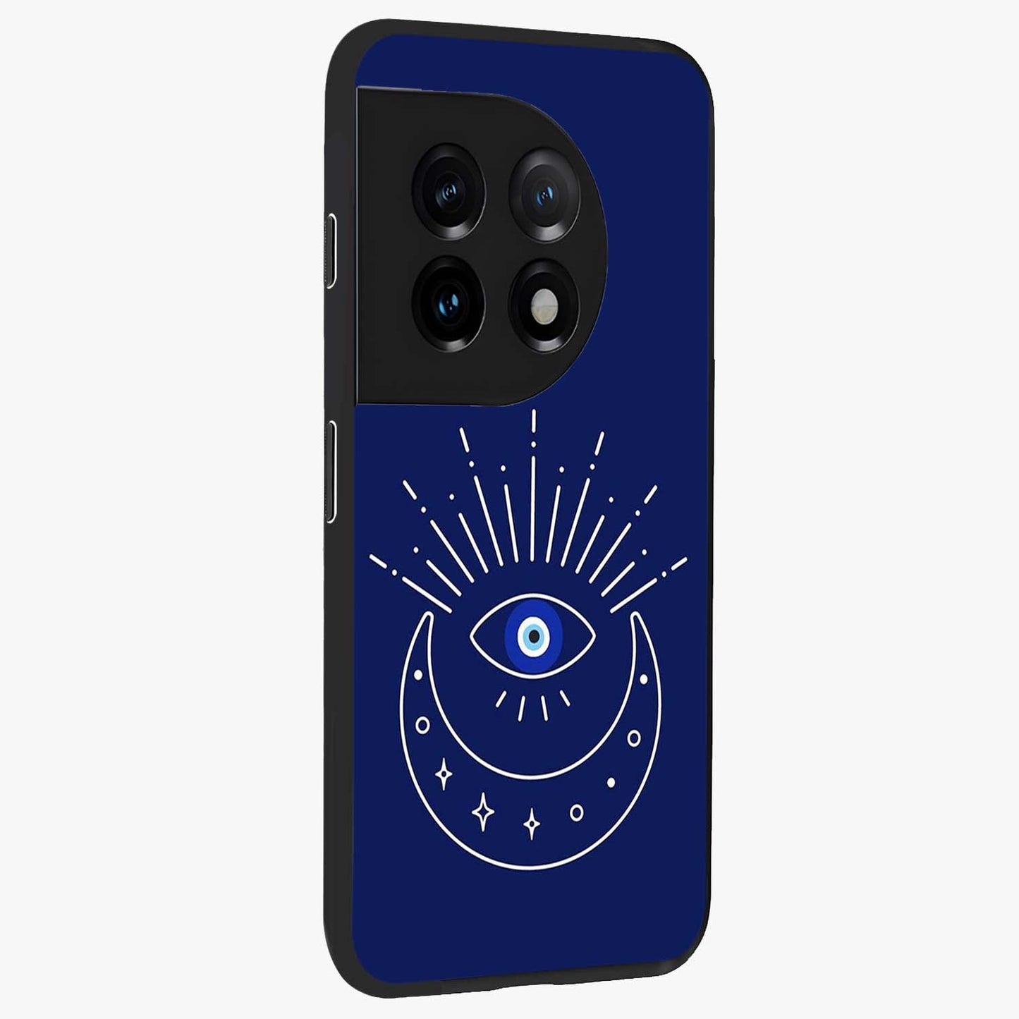 Evil Eye With Blue Themed Collage Glass Case for 1+11 side perspective highlighting bold collage detailing and smooth edges