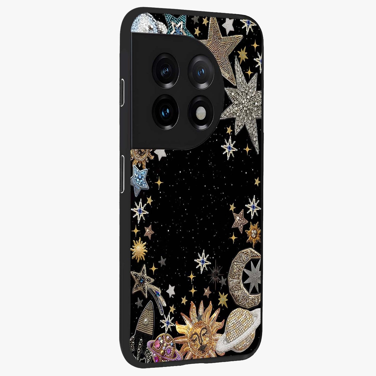Galactic Jewel Stars Glass Case for 1+11 side perspective highlighting shimmering textures and premium edges