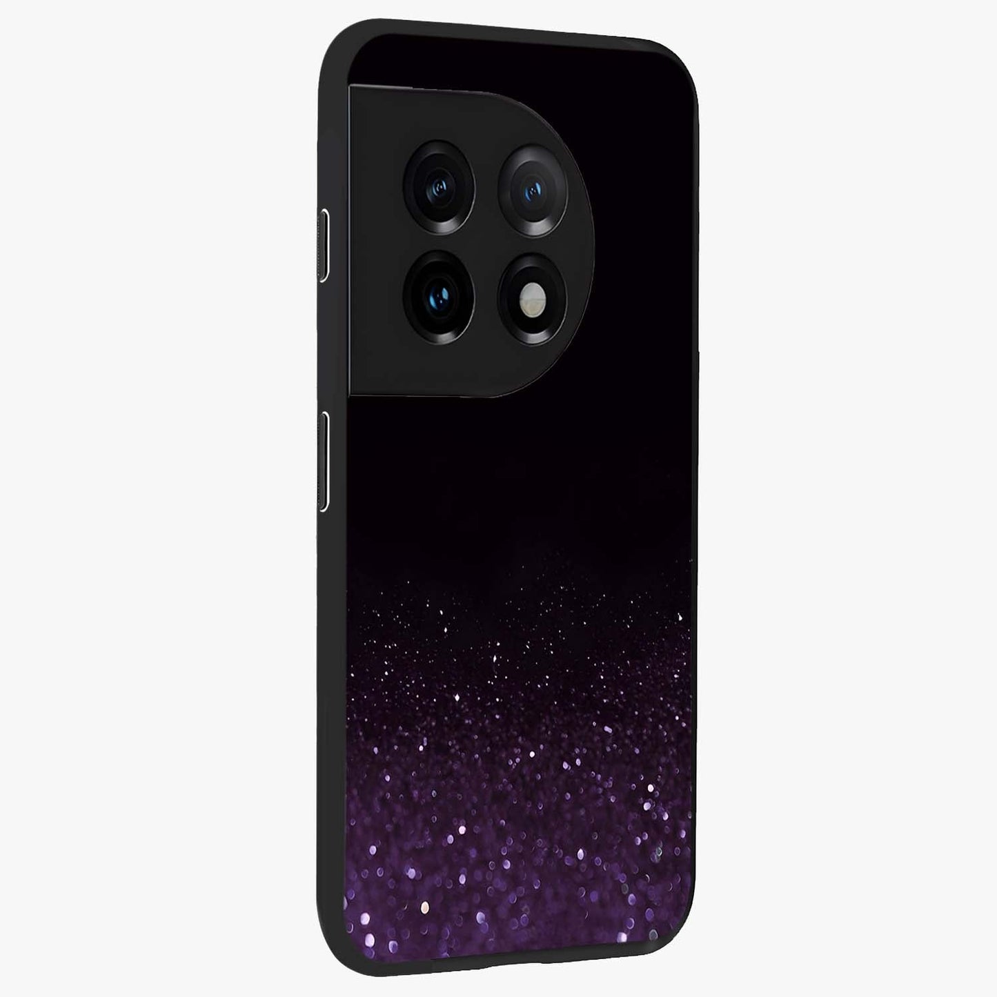 Glittery Purple Bokeh Glass Case for 1+11 side perspective highlighting glowing textures and sleek premium edges