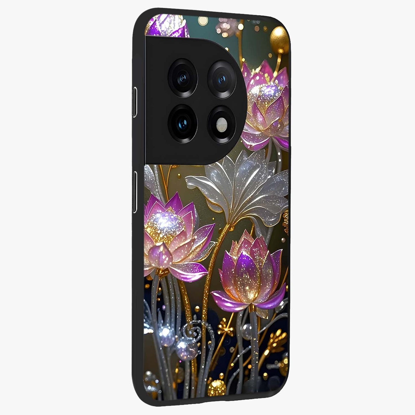 Golden Mind Moment Glass Case for 1+11 side perspective highlighting smooth textures and sleek premium build