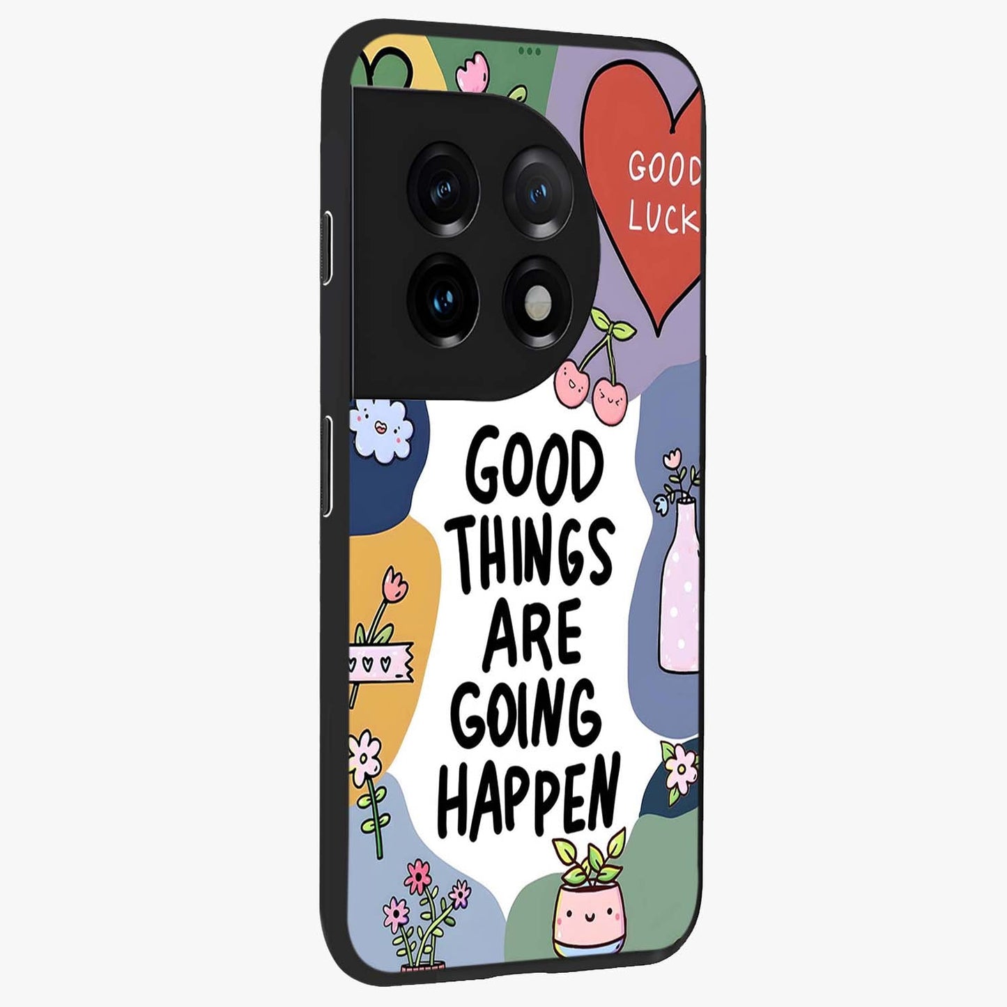 Good Thing Quote Glass Case for 1+11 side perspective highlighting bold text detailing and sleek premium build