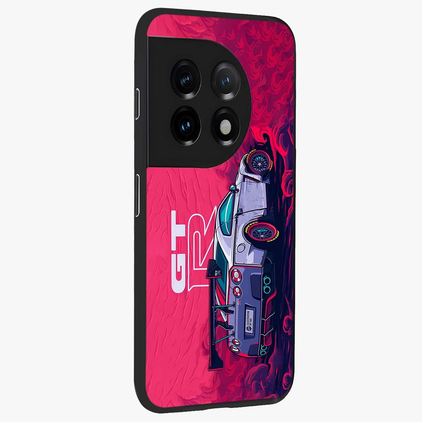 Gt R Car Pattern Glass Case for 1+11 side perspective highlighting dynamic automotive textures and sleek edges