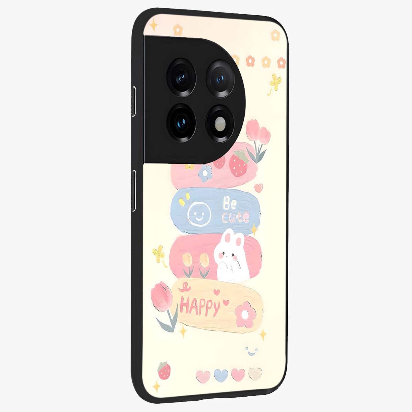 Happy Cute Bunny Glass Case for 1+11 side perspective highlighting charming character detailing and smooth build