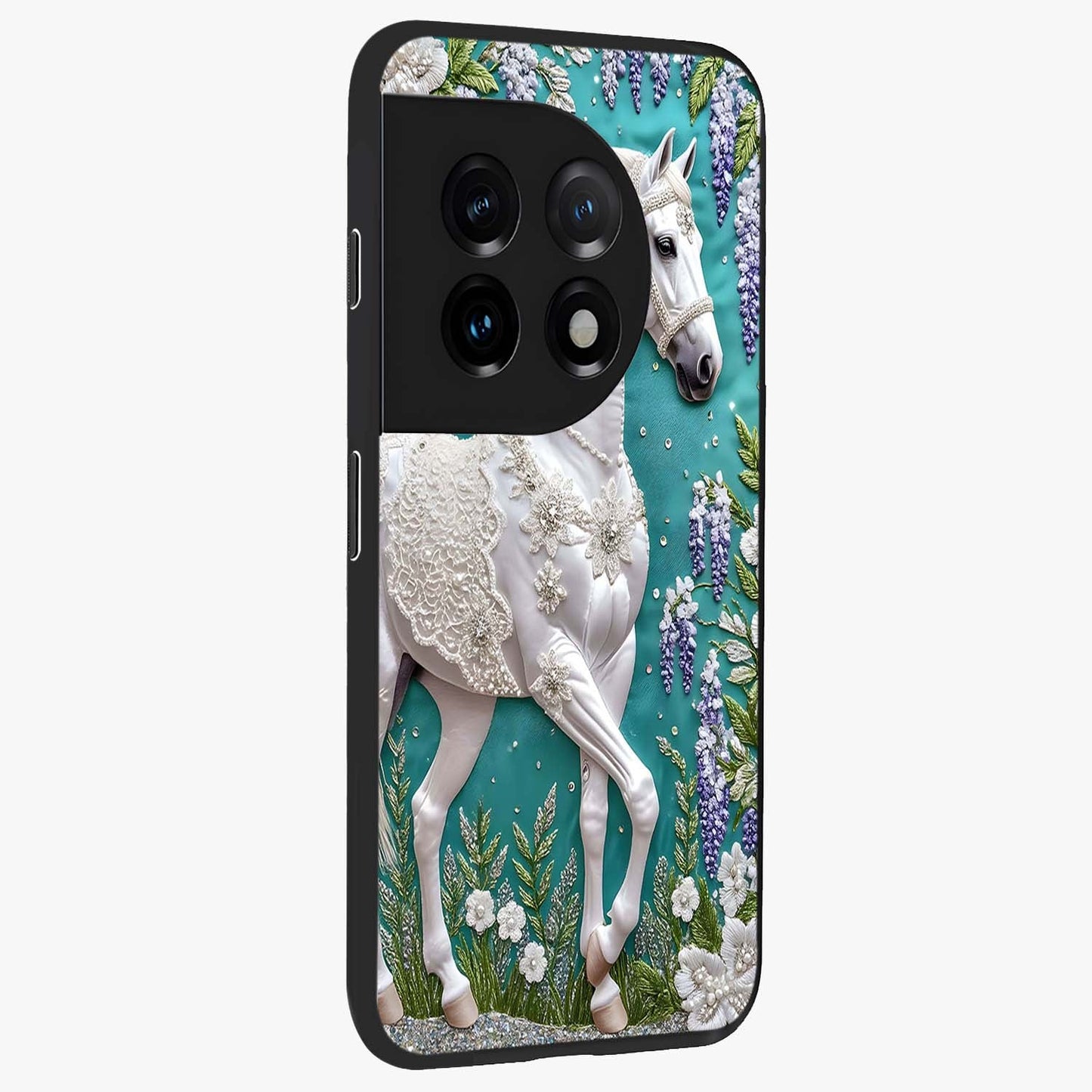 Majestic Floral Stallion Glass Case for 1+11 side perspective highlighting refined equestrian textures and premium edges