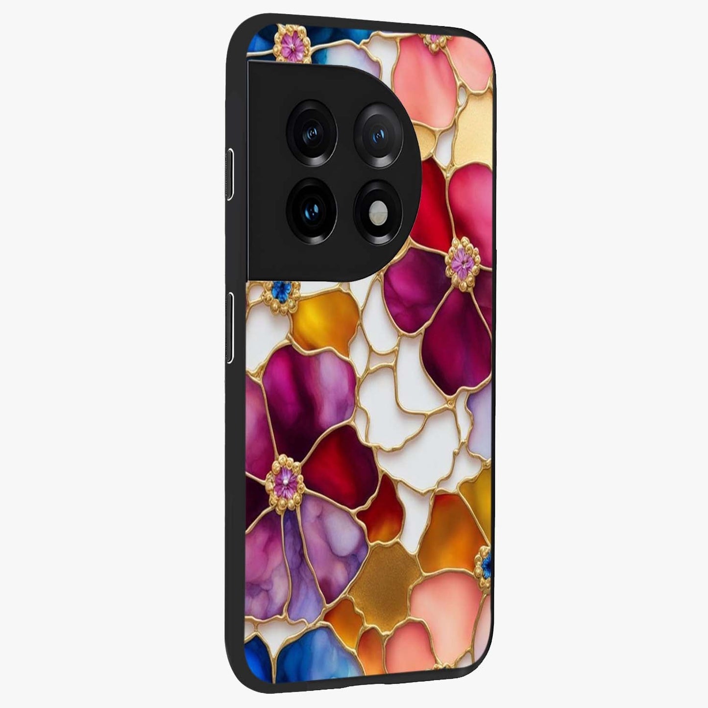 Marble Flower Pattern Glass Case for 1+11 side perspective highlighting elegant marble textures and sleek build