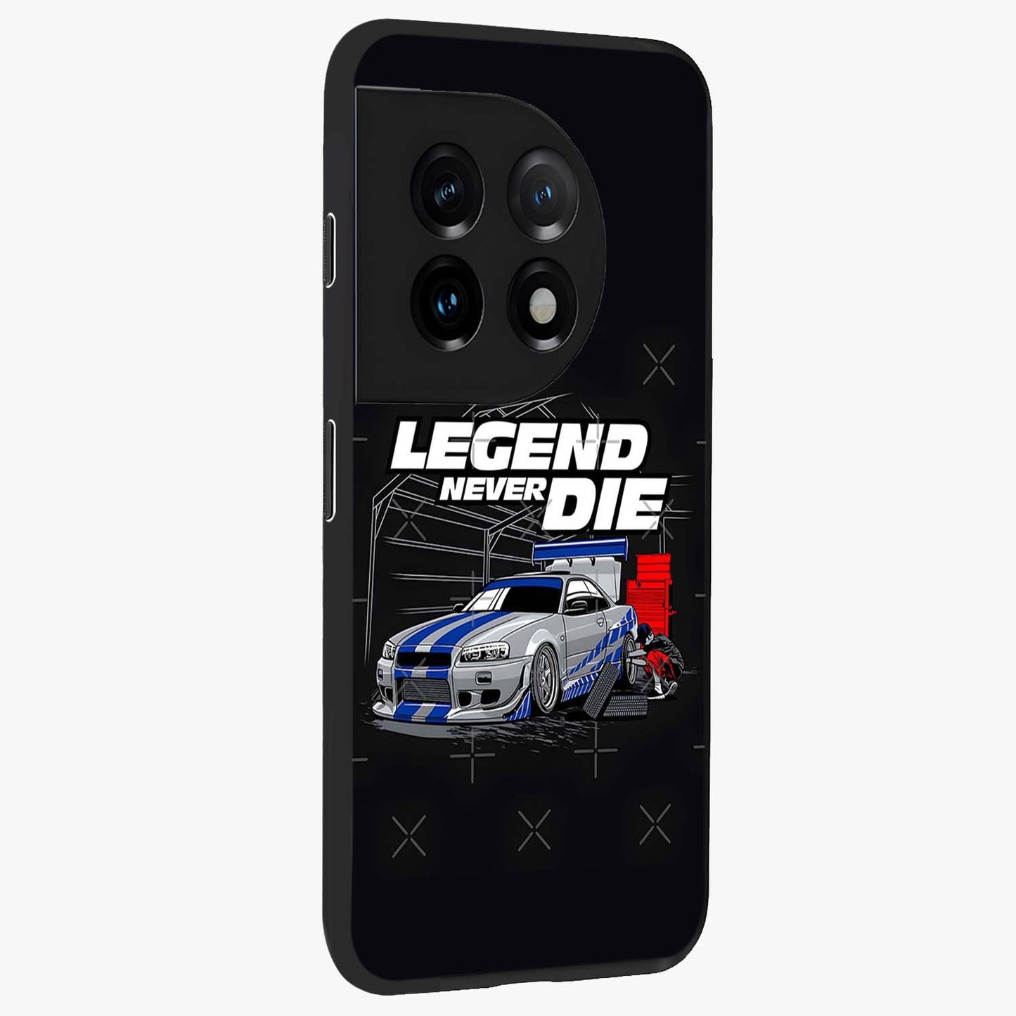 Midnight Racing Legacy Glass Case for 1+11 side perspective highlighting sleek speed textures and premium edges
