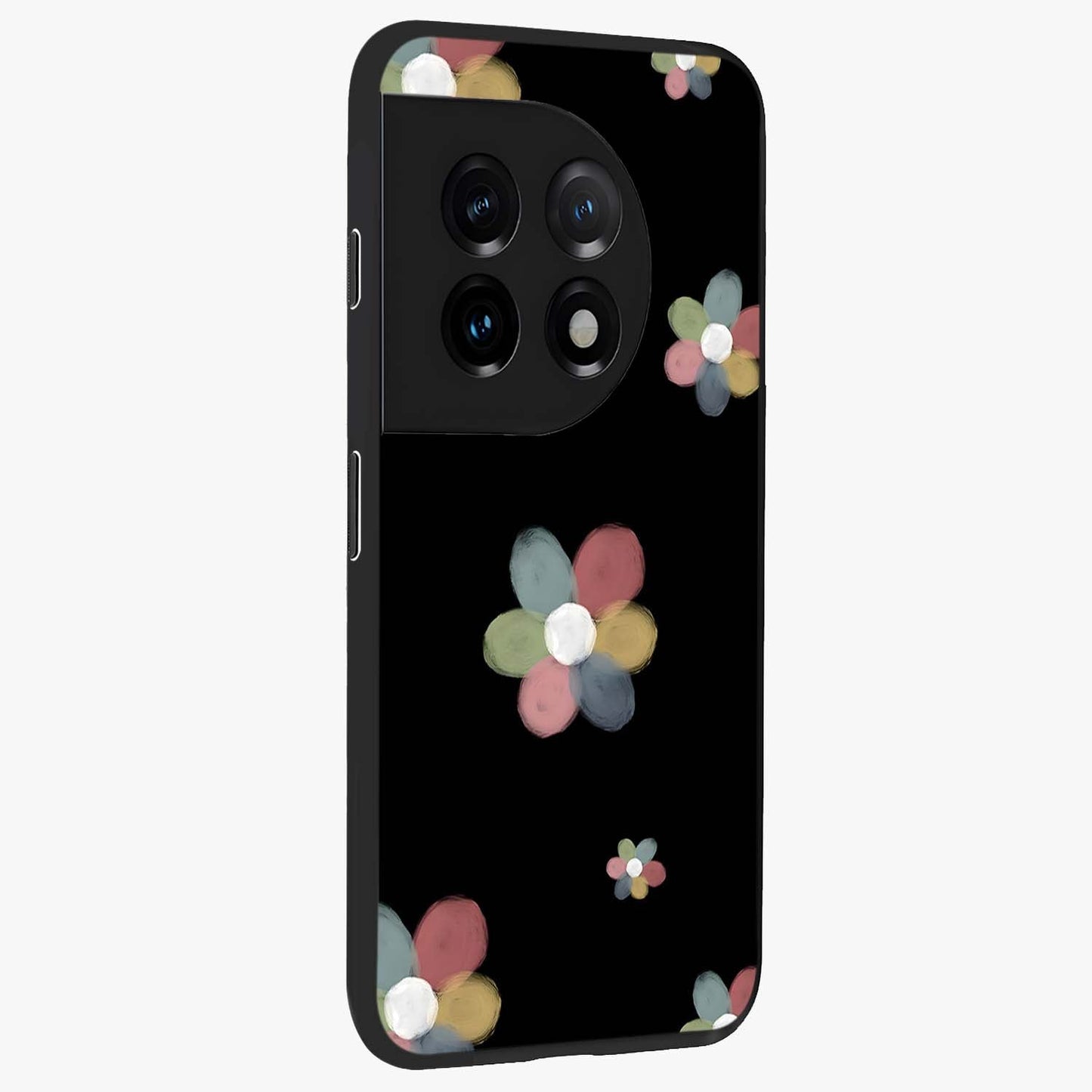 Minimal Floral Charm Glass Case for 1+11 side perspective highlighting refined minimal textures and smooth build
