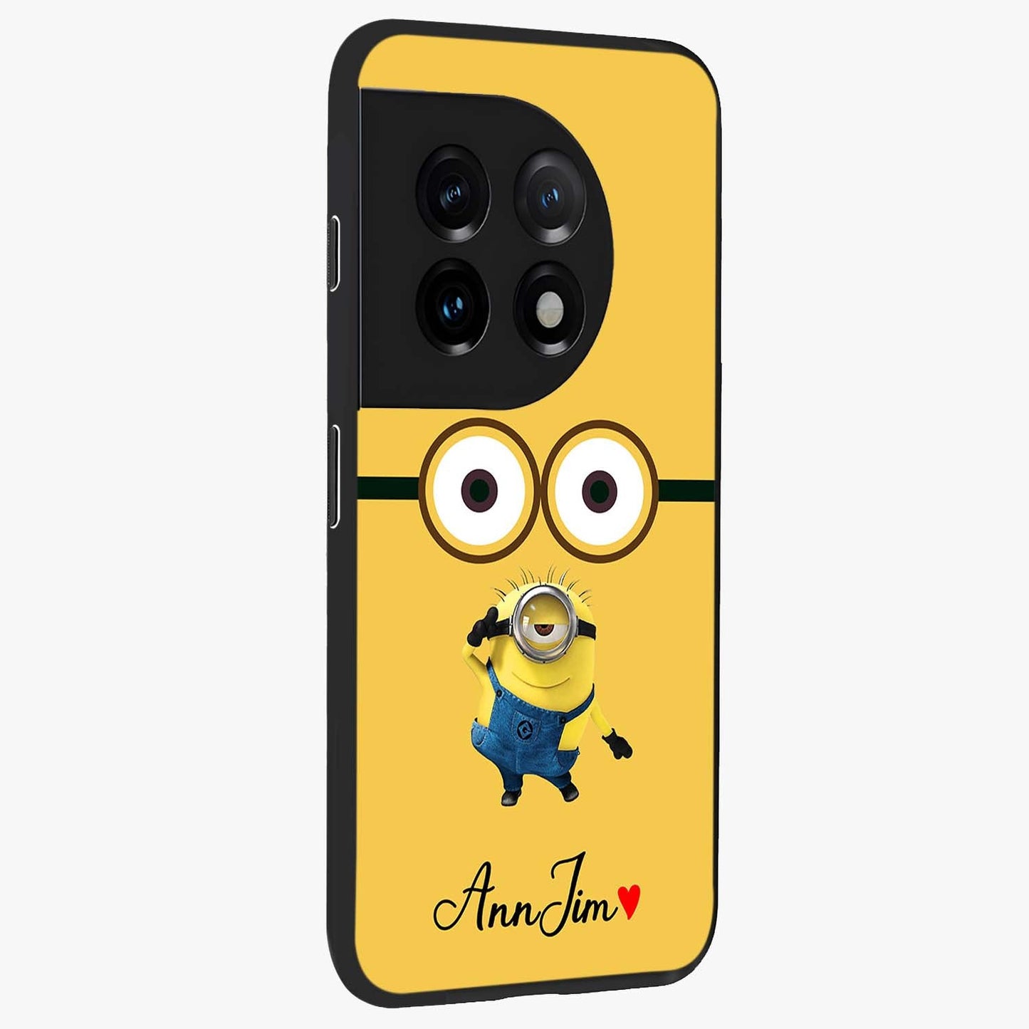Minion Custom Name Glass Case for 1+11 side perspective highlighting custom typography and smooth premium build