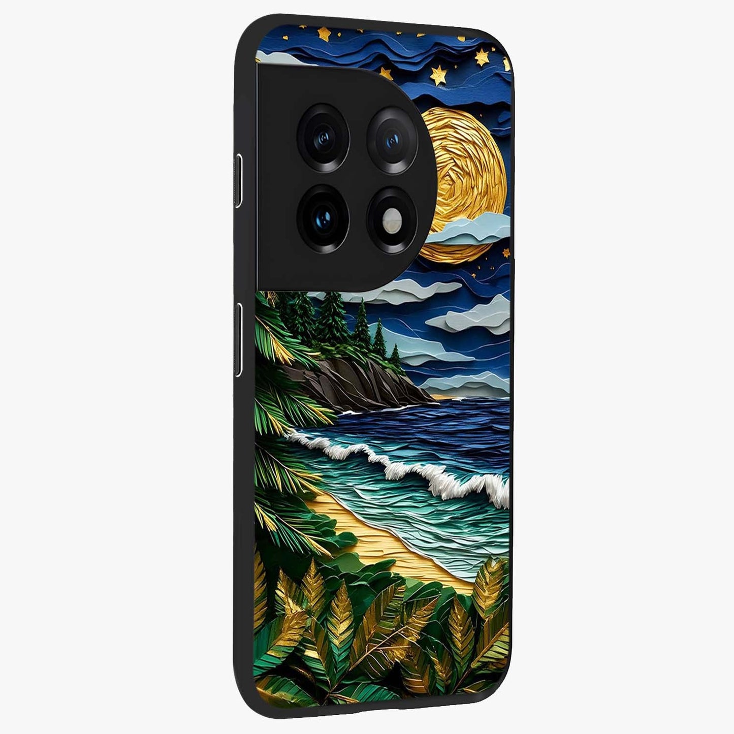 Moonlit Ocean Pines Glass Case for 1+11 side perspective highlighting serene landscape textures and premium edges