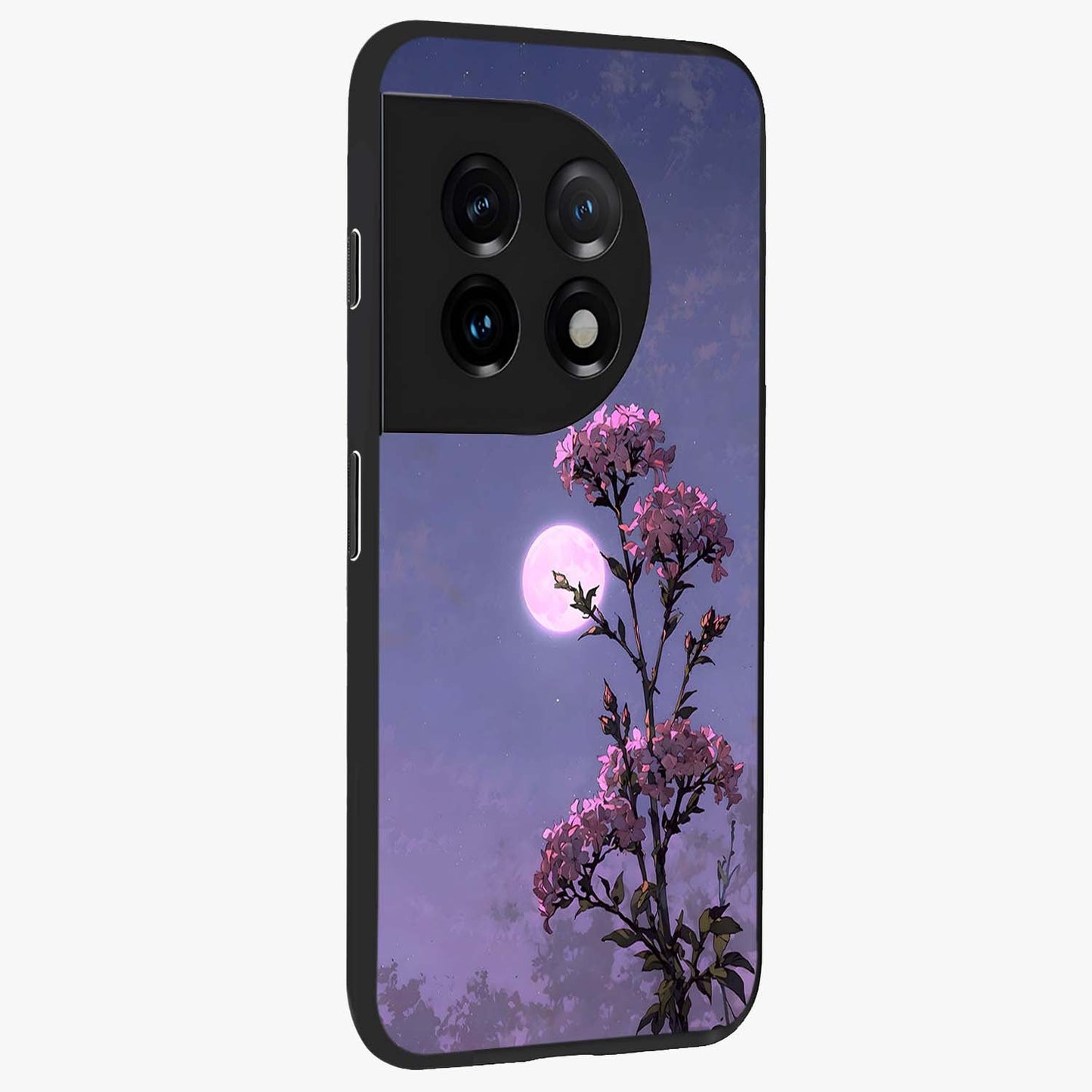 Moonlit Petal Night Glass Case for 1+11 side perspective highlighting graceful petal textures and smooth build
