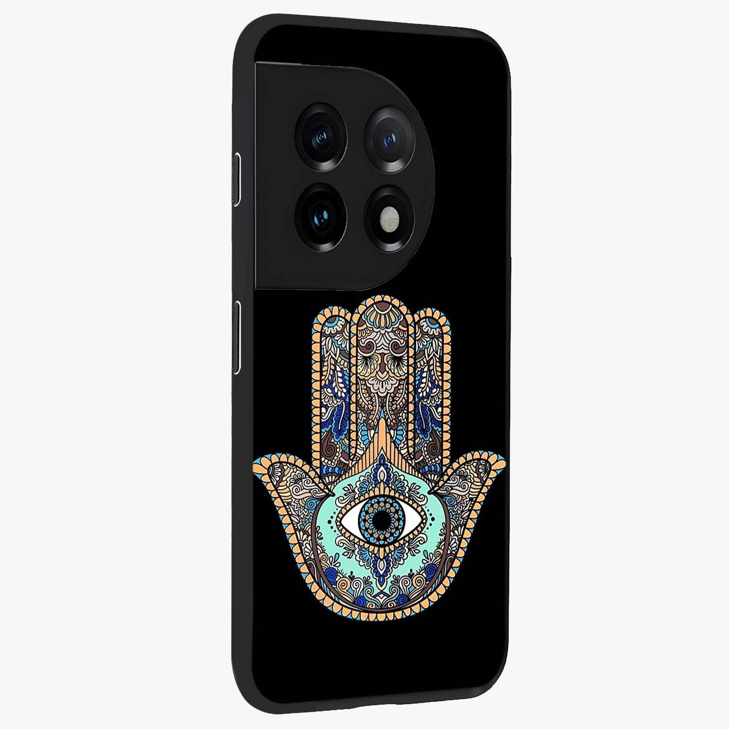 Mystic Hamsa Eye Glass Case for 1+11 side perspective highlighting ornate textures and premium edges