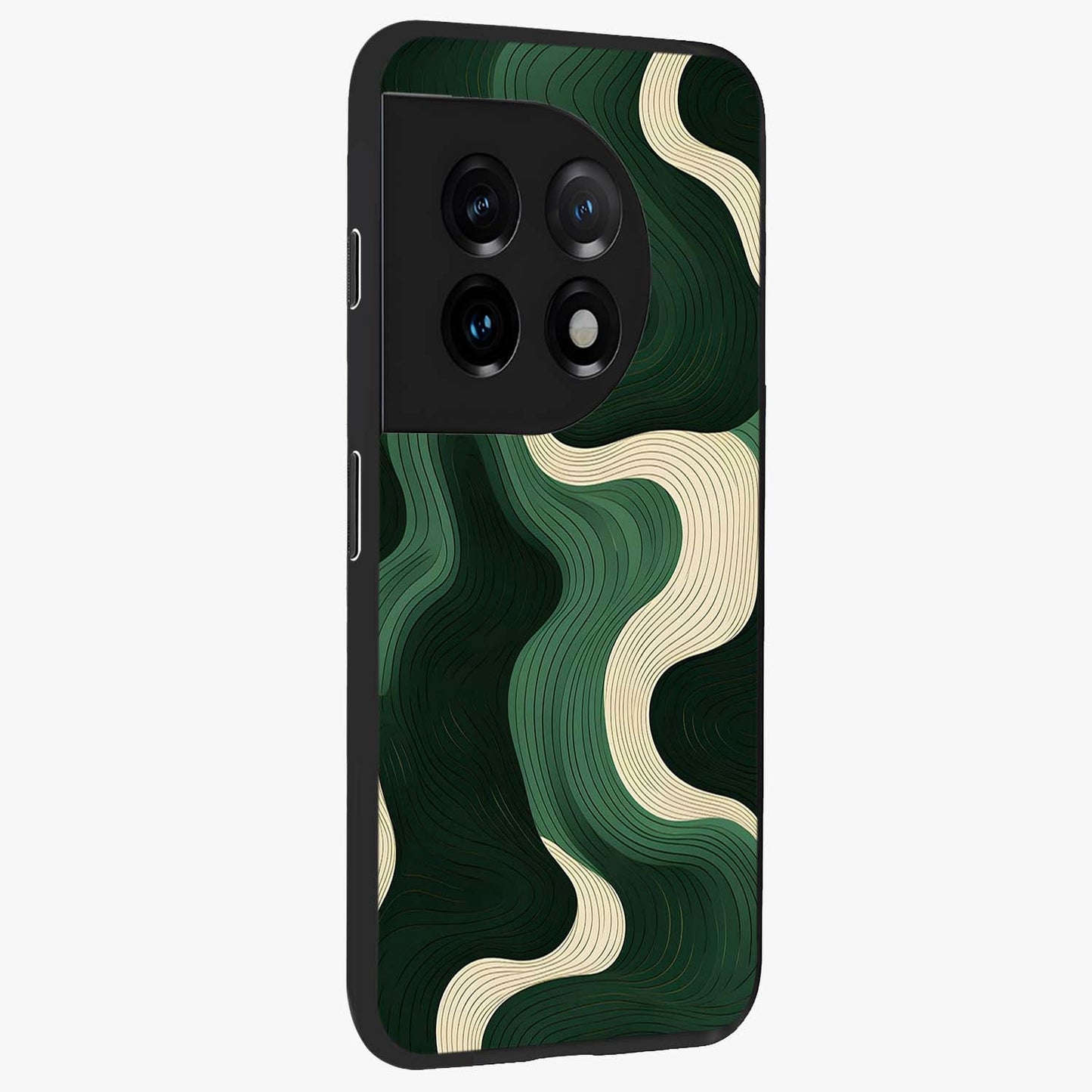 Organic Swirl Design Glass Case for 1+11 side perspective highlighting fluid textures and premium edges