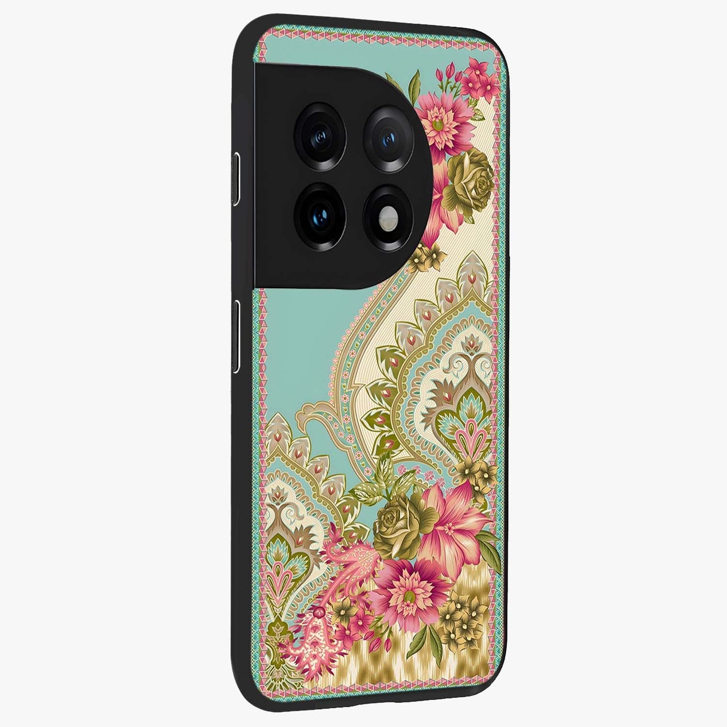 Ornate Mughal Floral Pattern Glass Case for 1+11 side perspective highlighting detailed ornamental textures and sleek build