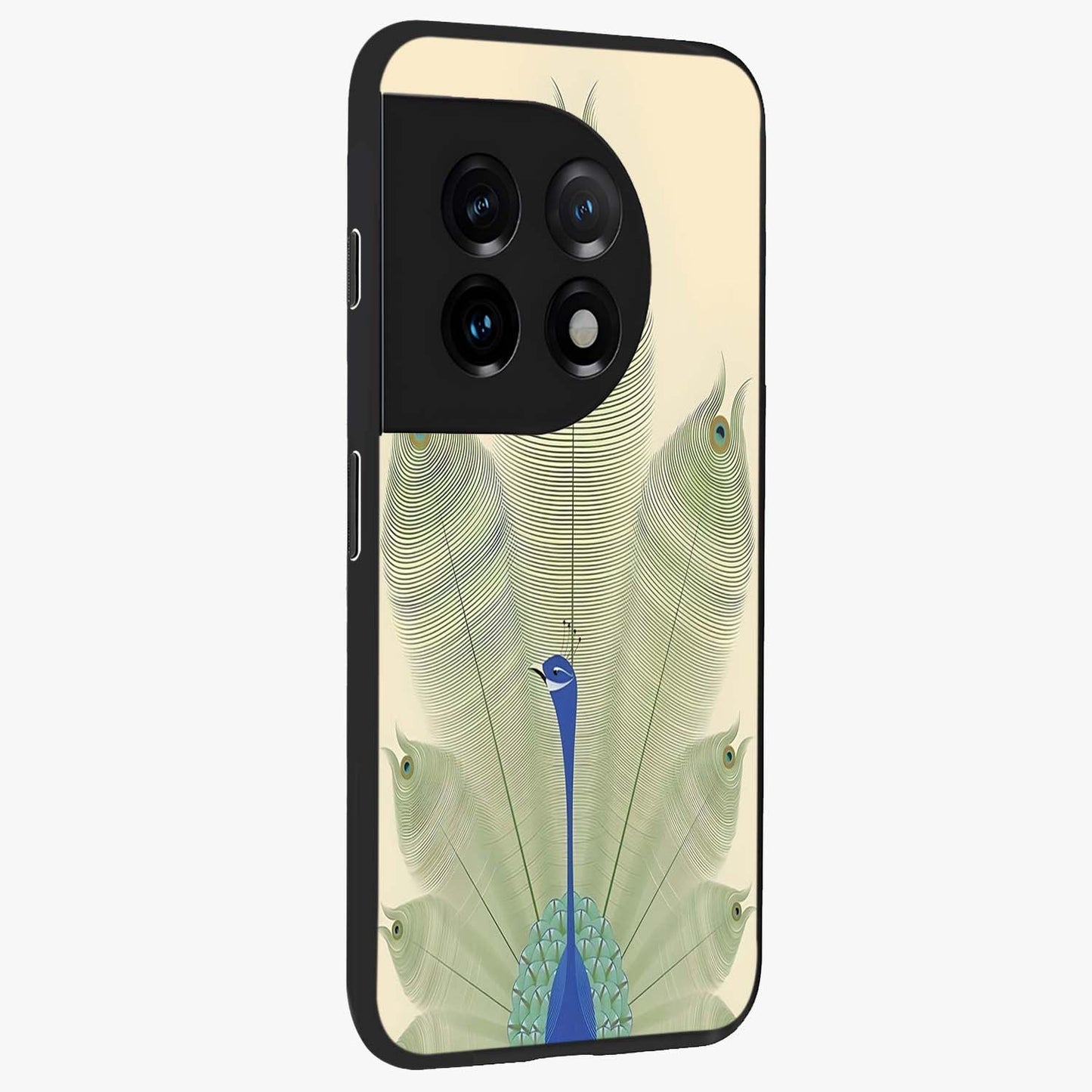 Peacock Feather Grace Glass Case for 1+11 side perspective highlighting intricate plume textures and premium edges