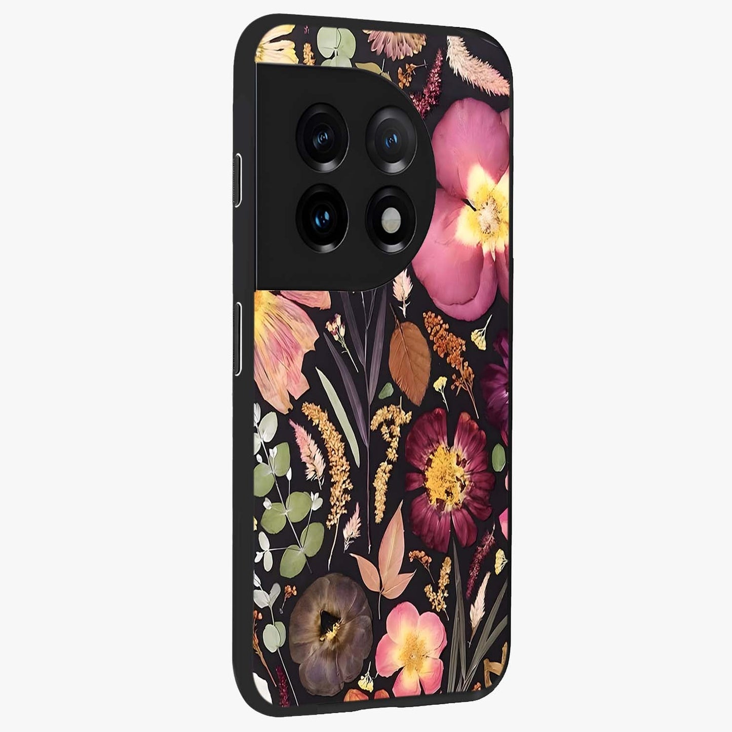 Petal Dream Tapestry Glass Case for 1+11 side perspective highlighting woven floral textures and sleek build