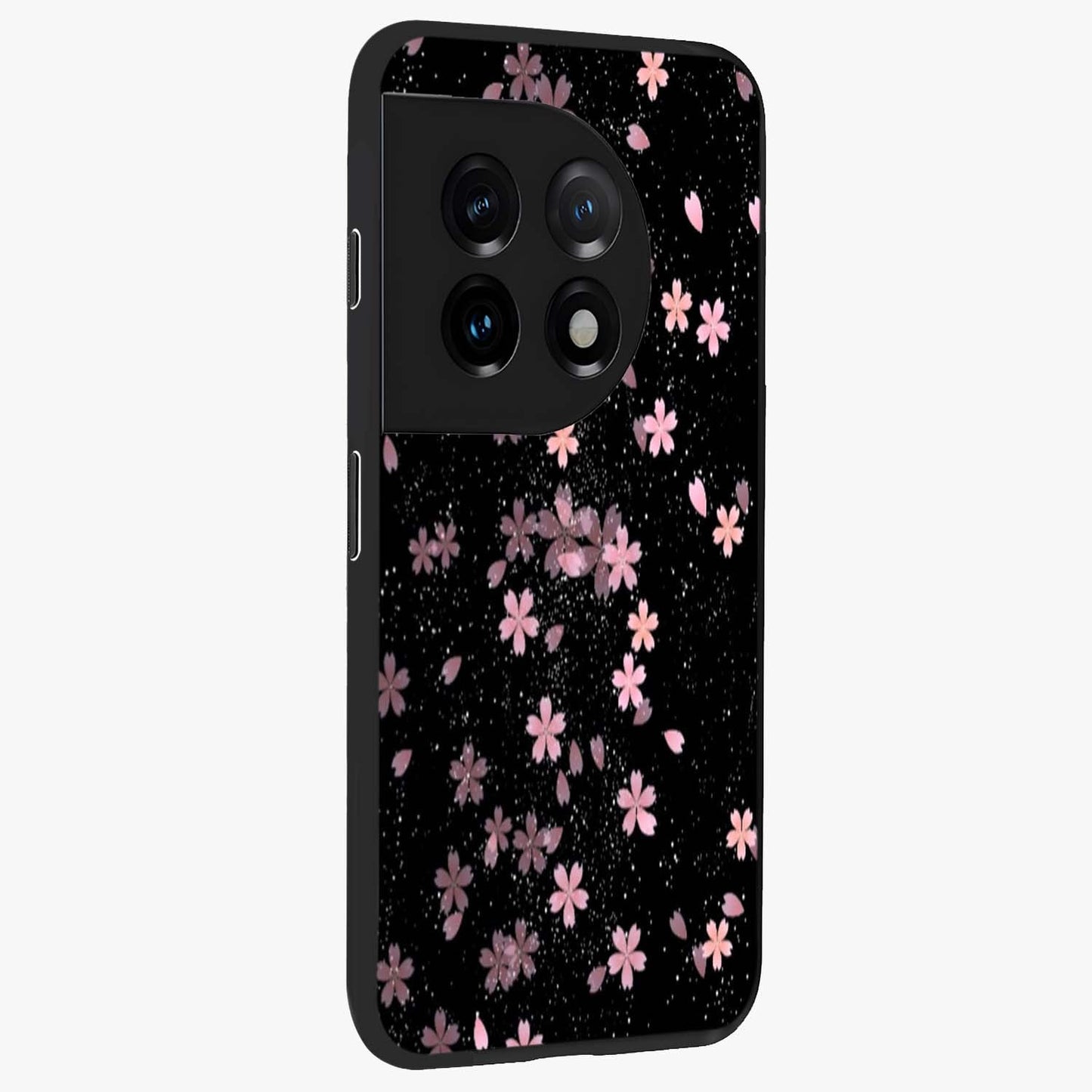 Pink Flower Black Background Glass Case for 1+11 side perspective highlighting vivid bloom textures and sleek build