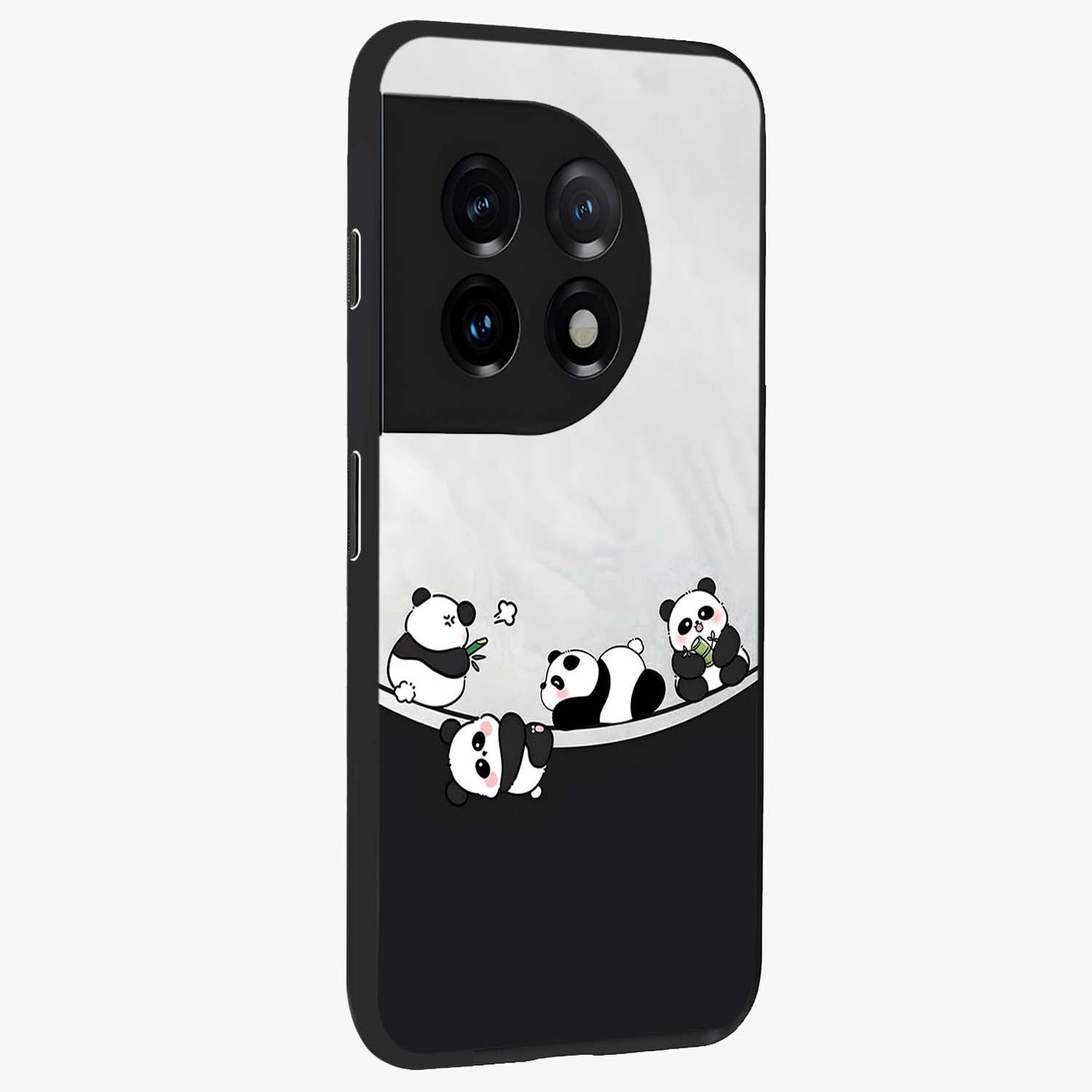 Playful Panda Parade Glass Case for 1+11 side perspective highlighting charming detailing and premium edges