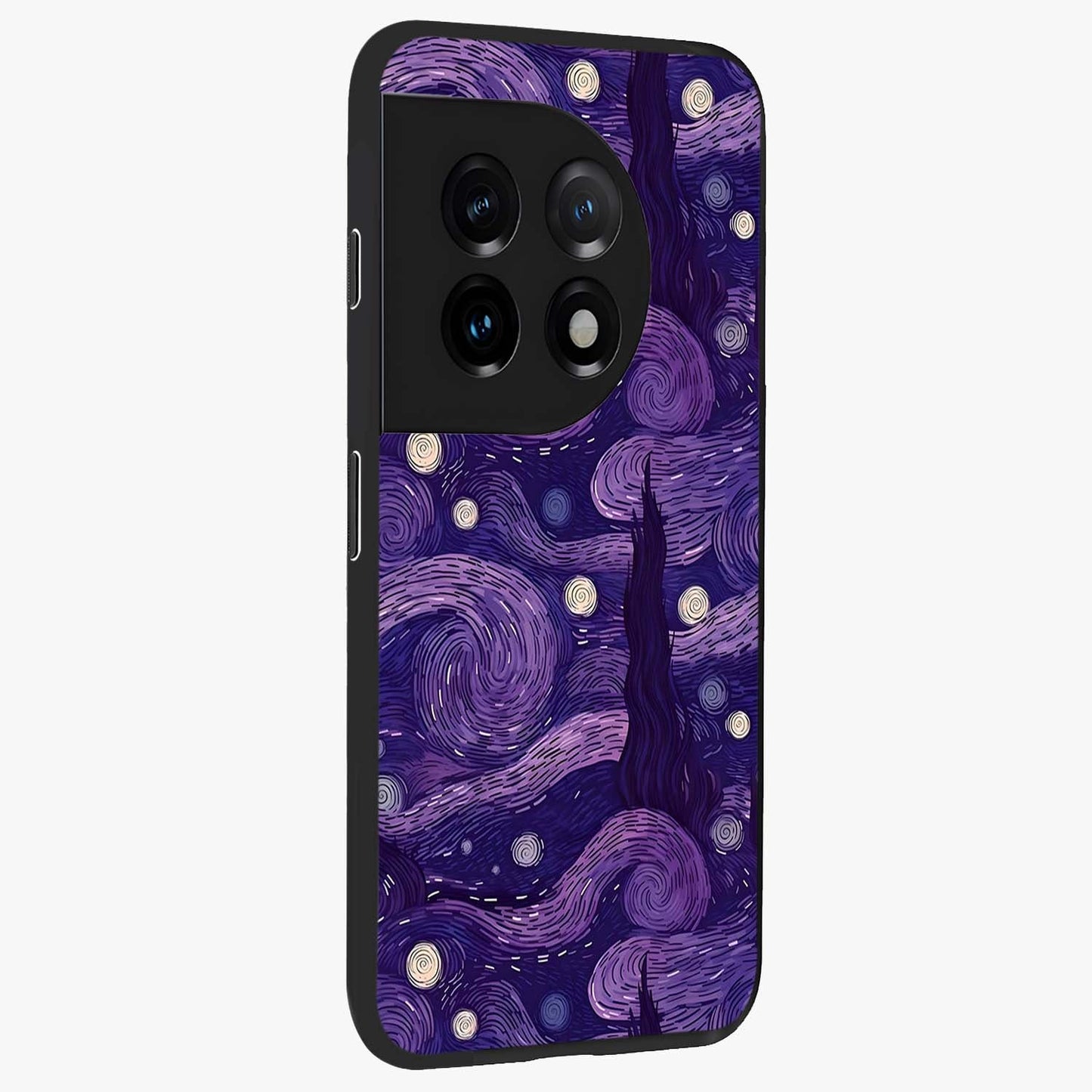 Purple Swirls Glass Case for 1+11 side perspective highlighting fluid textures and sleek premium build