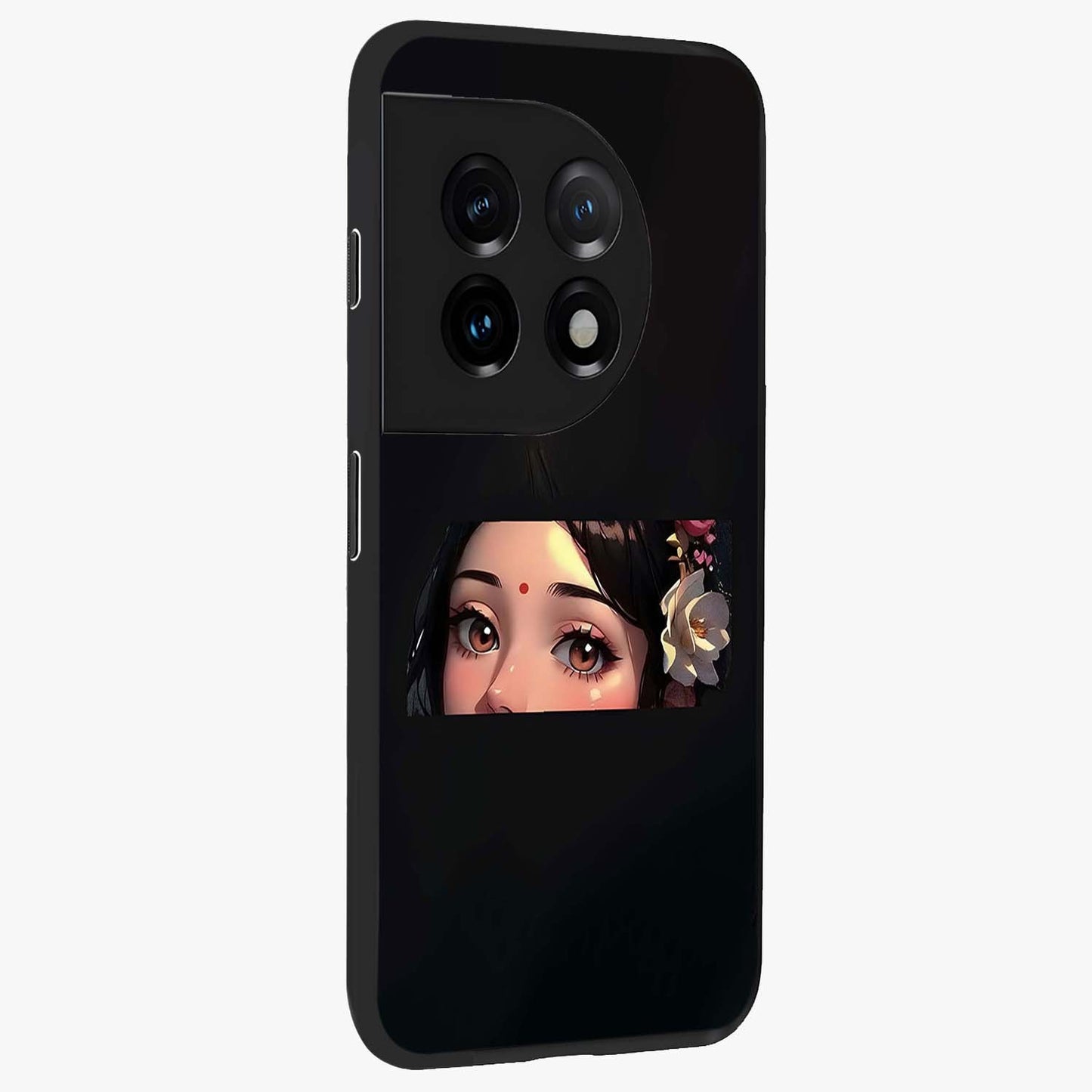 Radha Divine Embrace Glass Case for 1+11 side perspective highlighting intricate divine detailing and premium edges