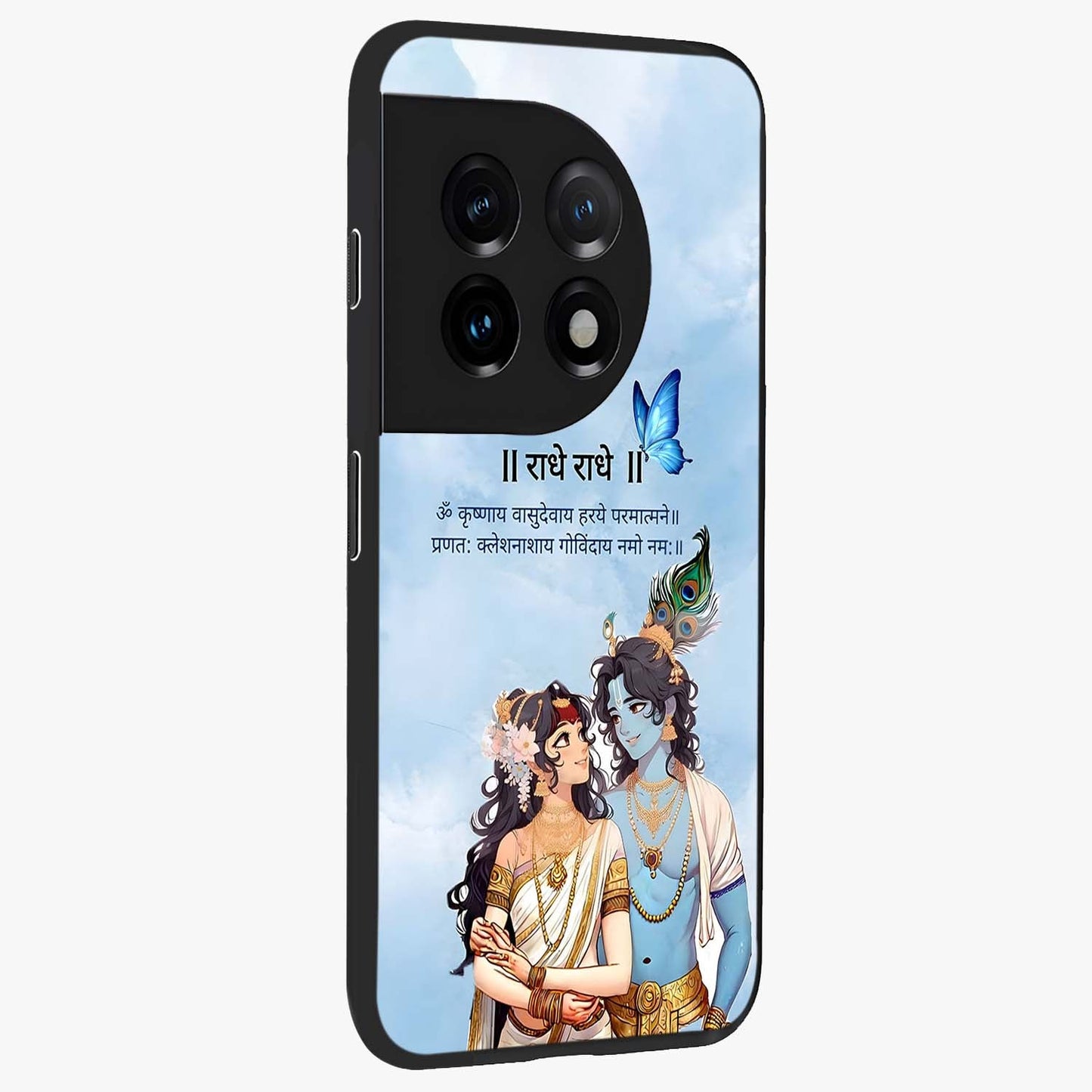 Radha Krishna Eternal Glass Case for 1+11 side perspective highlighting detailed illustration textures and smooth build