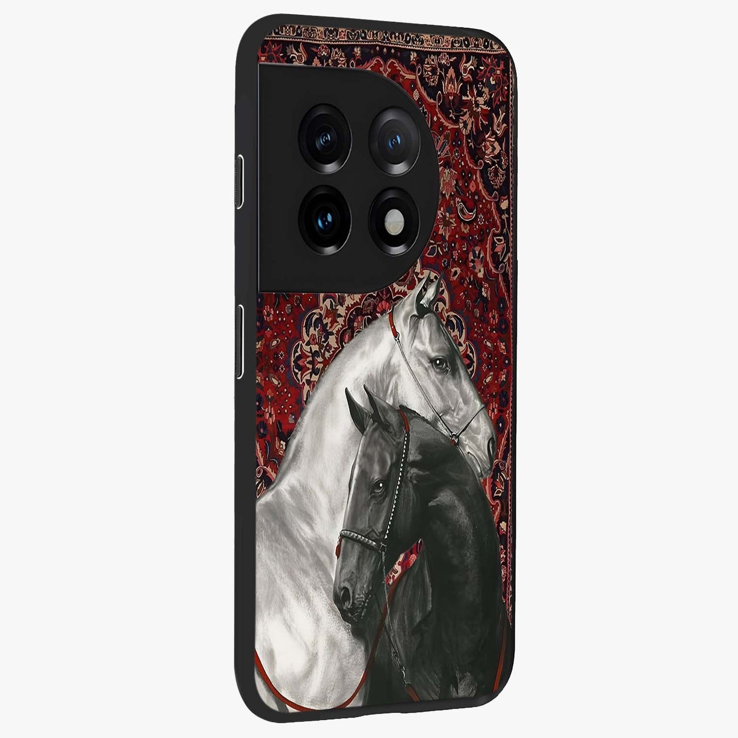 Regal Stallion Tapestry Glass Case for 1+11 side perspective highlighting intricate equestrian textures and premium edges