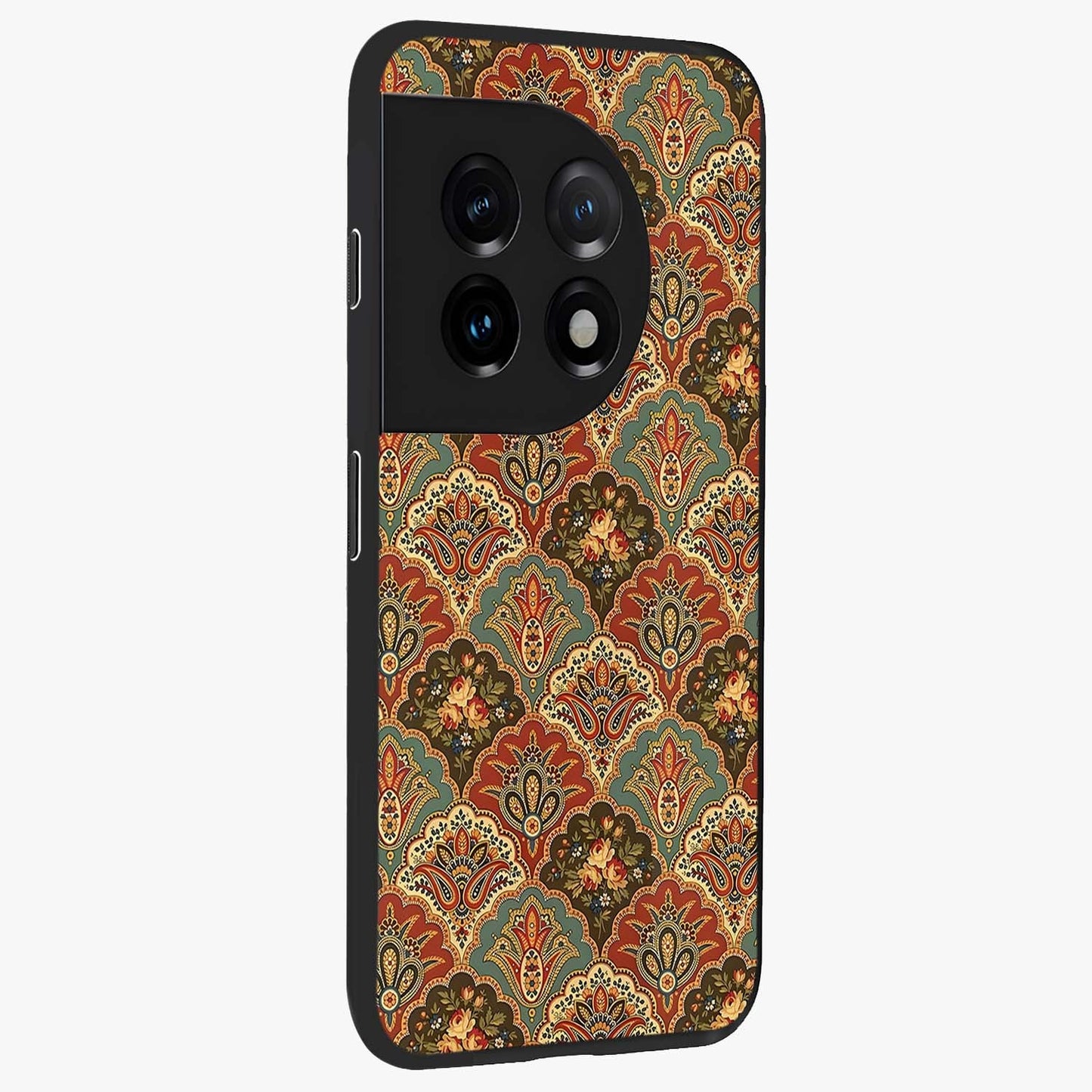 Royal Threadwork Glass Case for 1+11 side perspective highlighting detailed stitching textures and smooth premium build