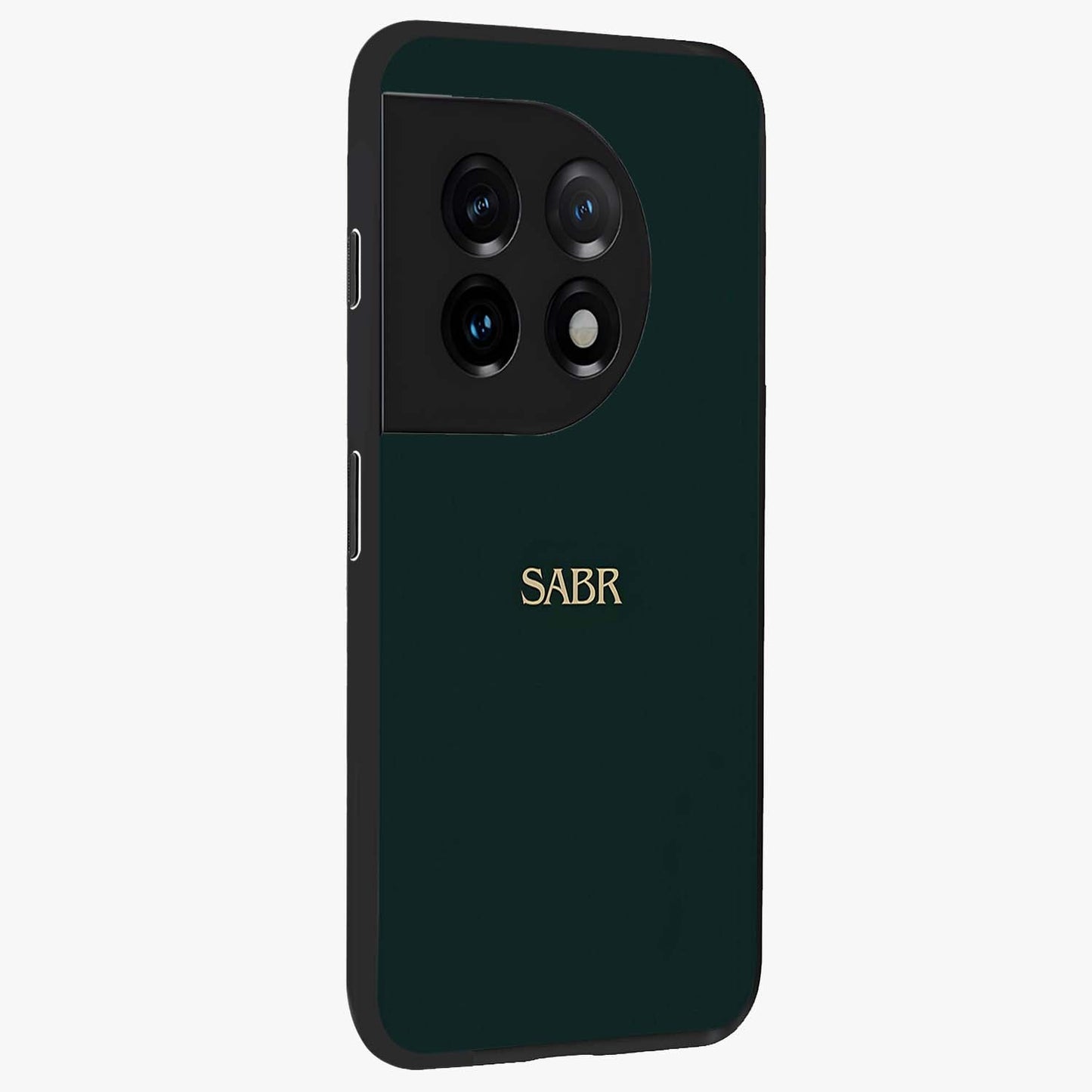 Sabr Minimal Patience Glass Case for 1+11 side perspective highlighting elegant text detailing and sleek build