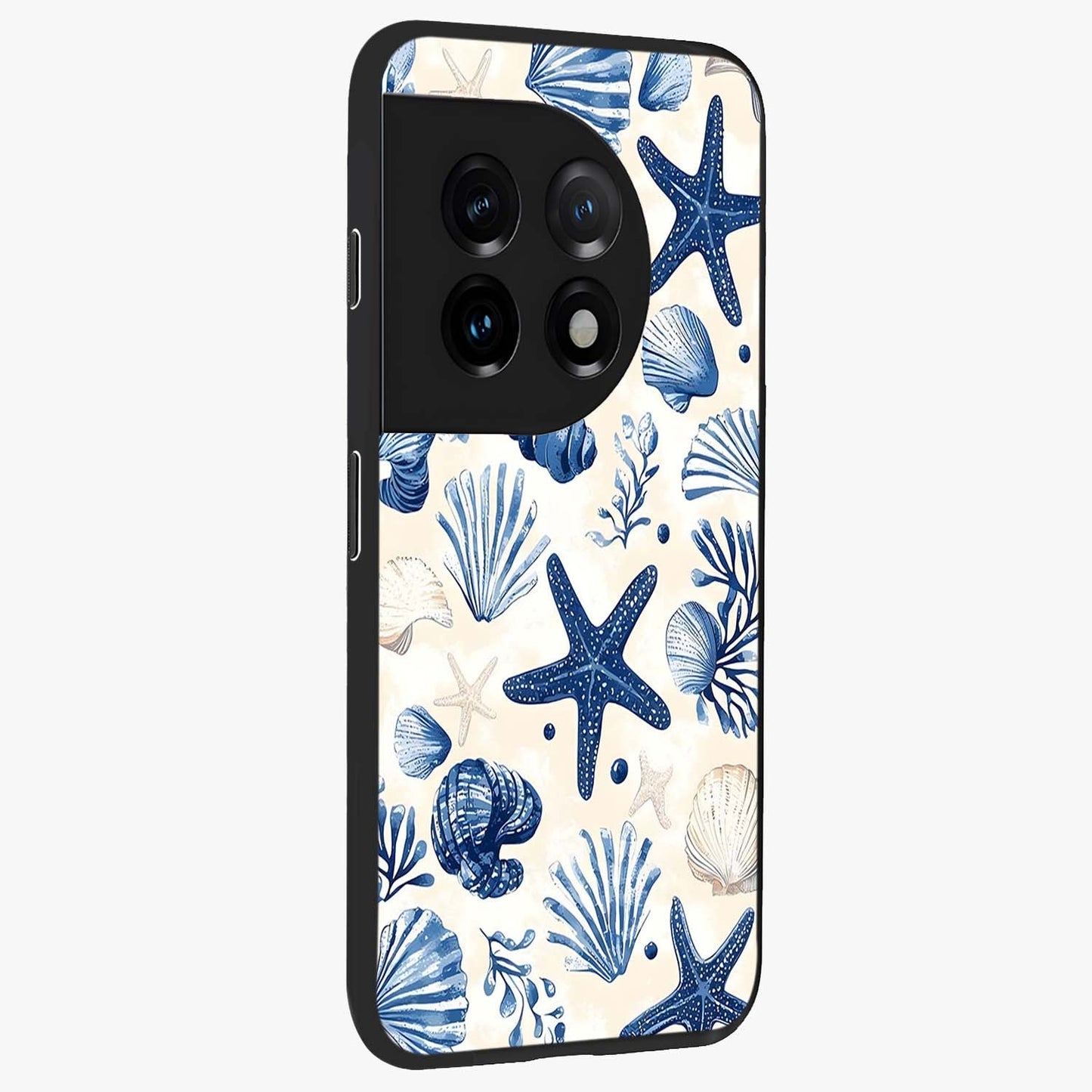 Seaside Starfish Magic Glass Case for 1+11 side perspective highlighting playful beach textures and sleek build