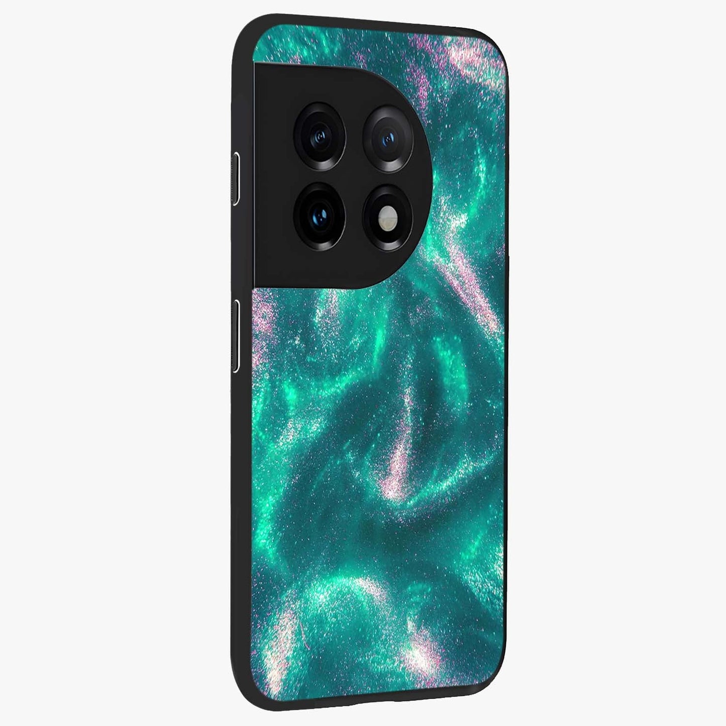 Shimmering Nebula Waves Glass Case for 1+11 side perspective highlighting luminous textures and smooth build