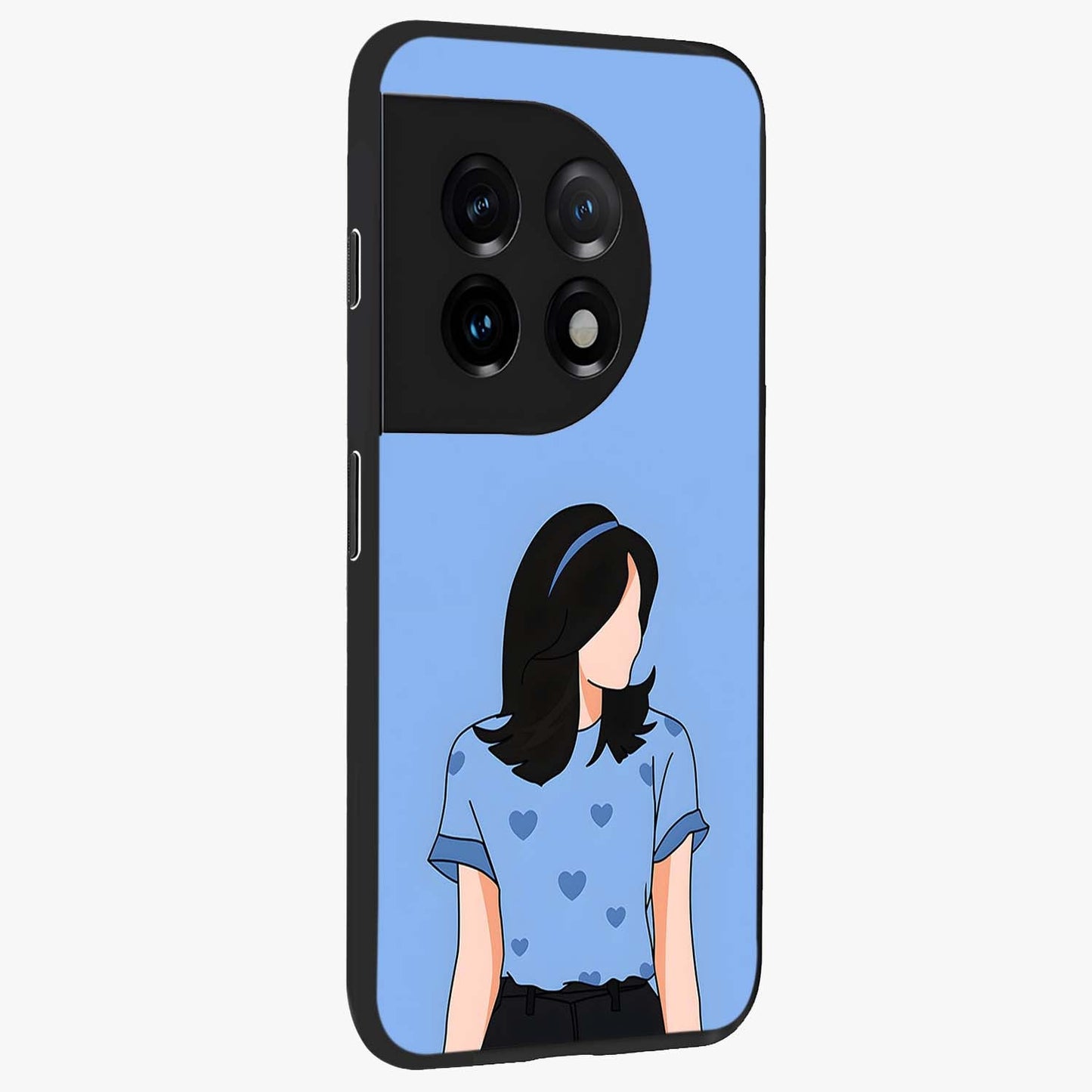 Soft Hearts Girl Glass Case for 1+11 side perspective highlighting delicate illustration textures and smooth build