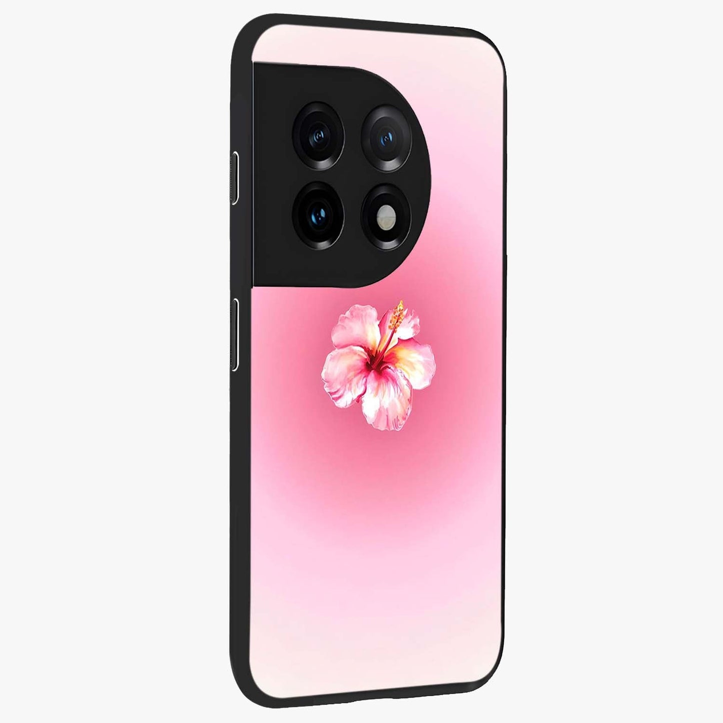 Soft Petal Serenity Glass Case for 1+11 side perspective highlighting refined petal textures and premium edges
