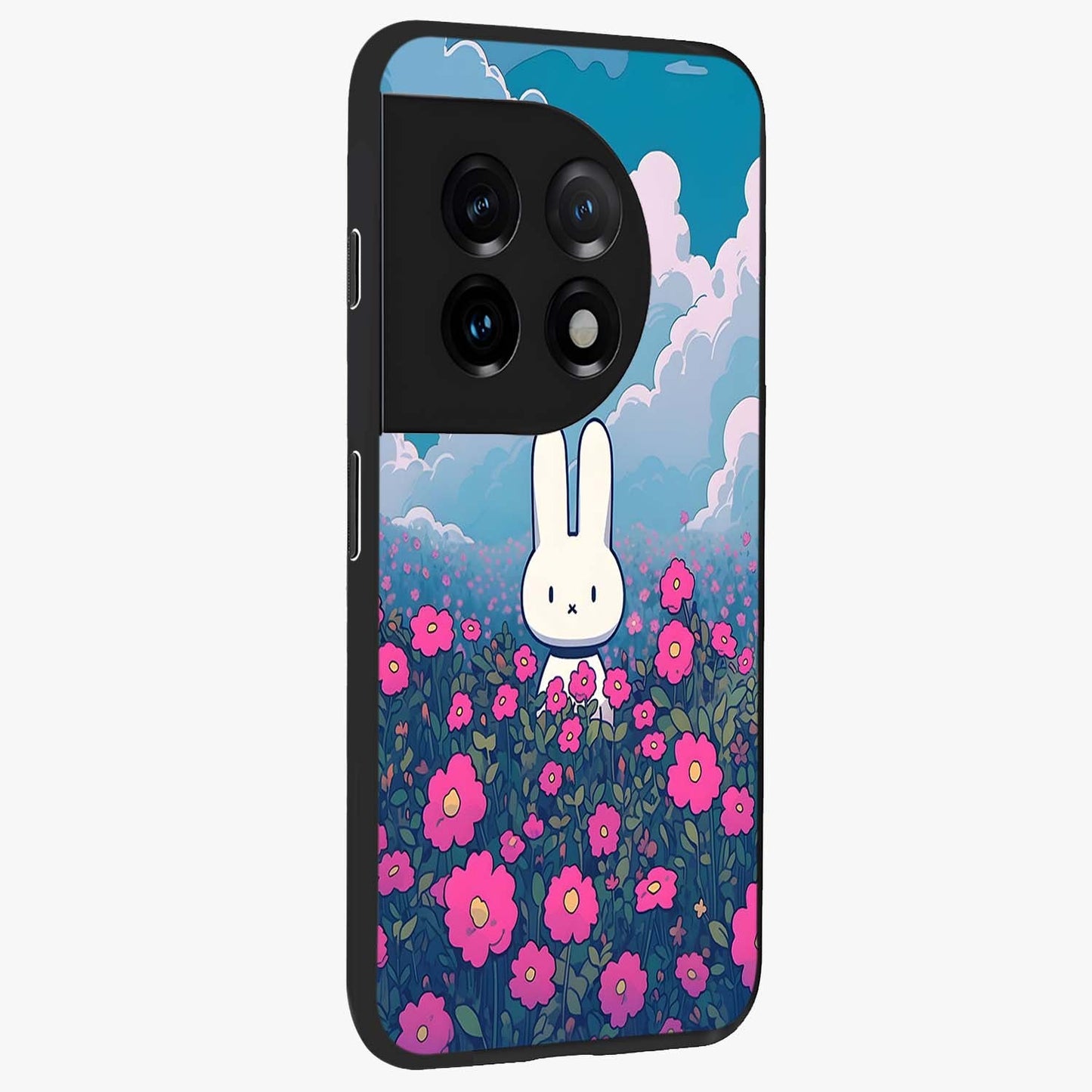 Springtime Blossom Bunny Glass Case for 1+11 side perspective highlighting charming illustration textures and premium edges
