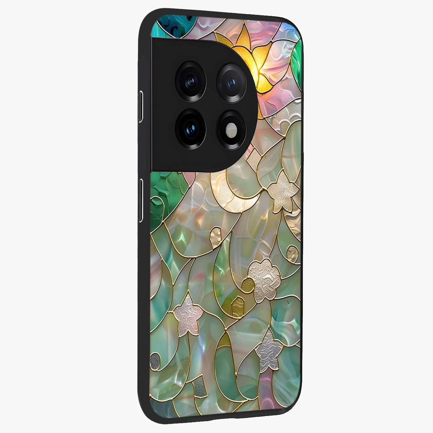 Stained Sunrise Glow Glass Case for 1+11 side perspective highlighting luminous textures and sleek premium build