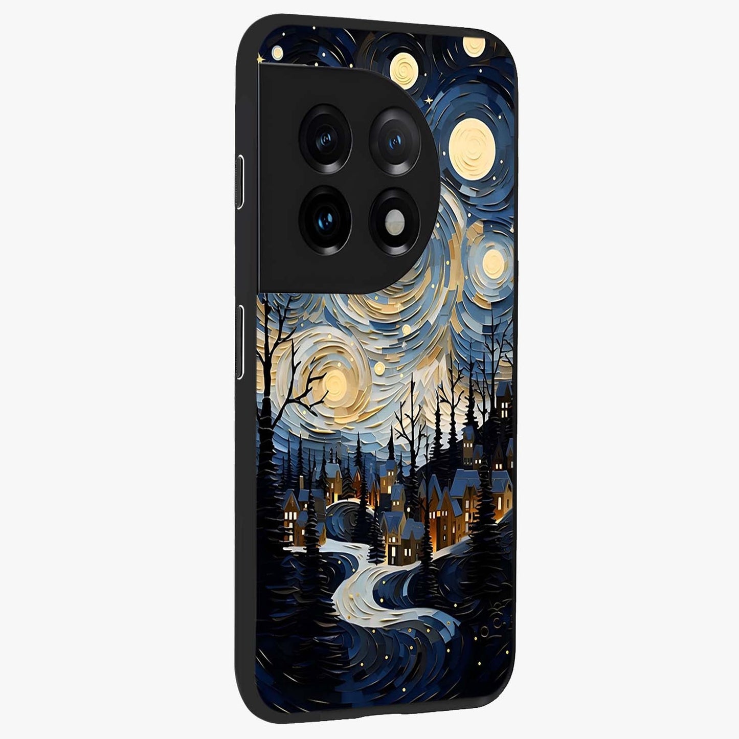 Starry Winter Town Glass Case for 1+11 side perspective highlighting serene landscape textures and premium edges