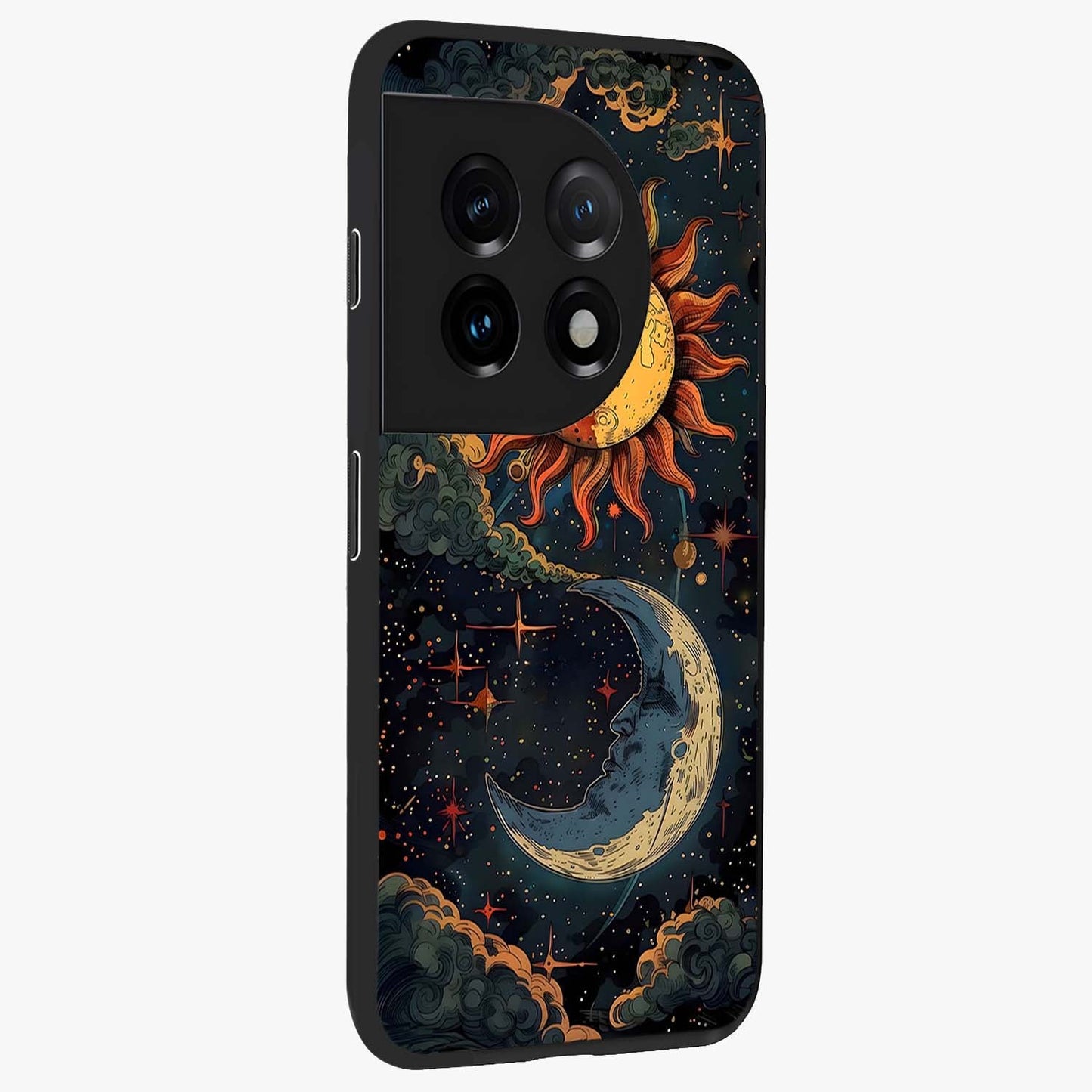 Sun and Moonflowers Glass Case for 1+11 side perspective highlighting colorful bloom textures and smooth build