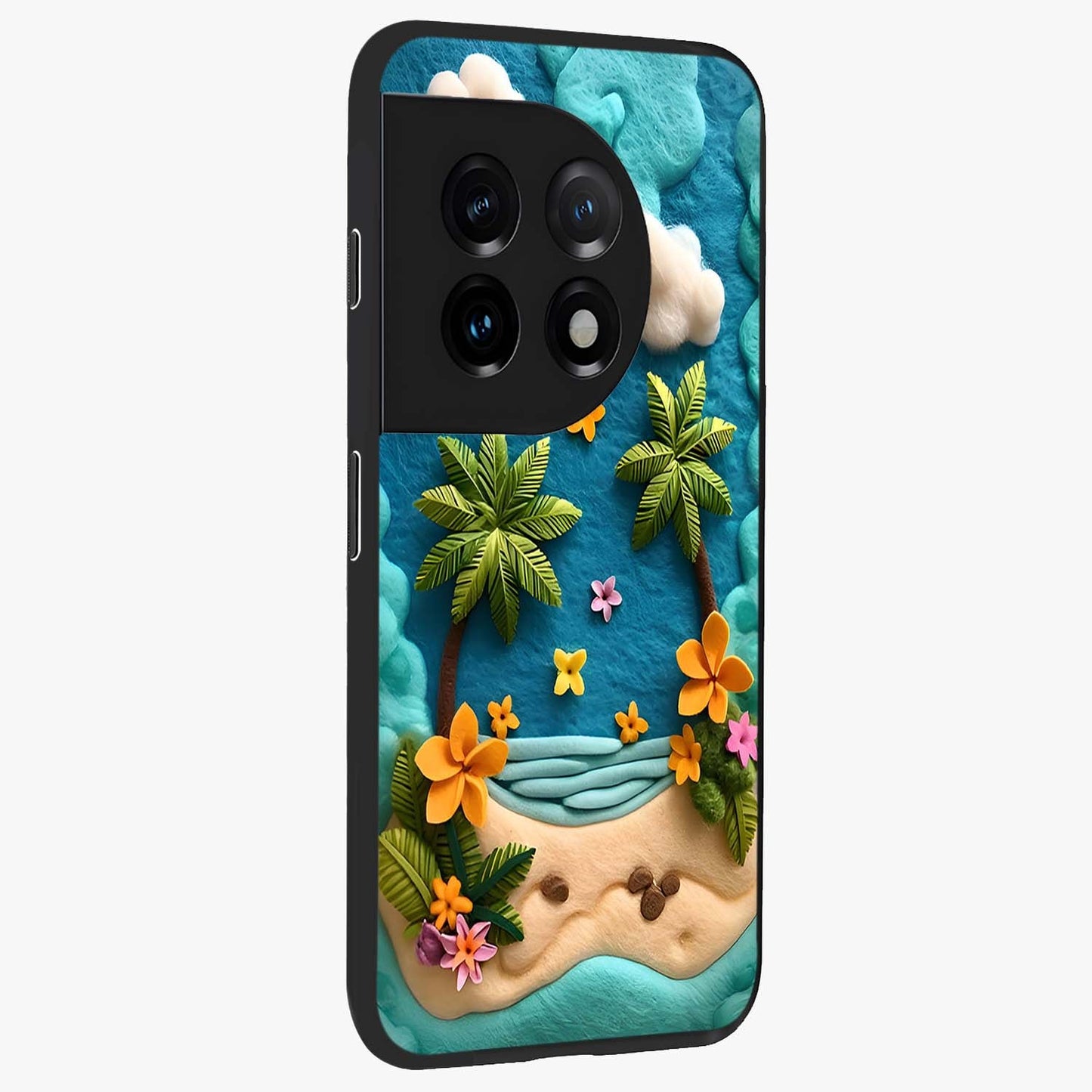 Tropical Felt Escape Glass Case for 1+11 side perspective highlighting lush textures and smooth build