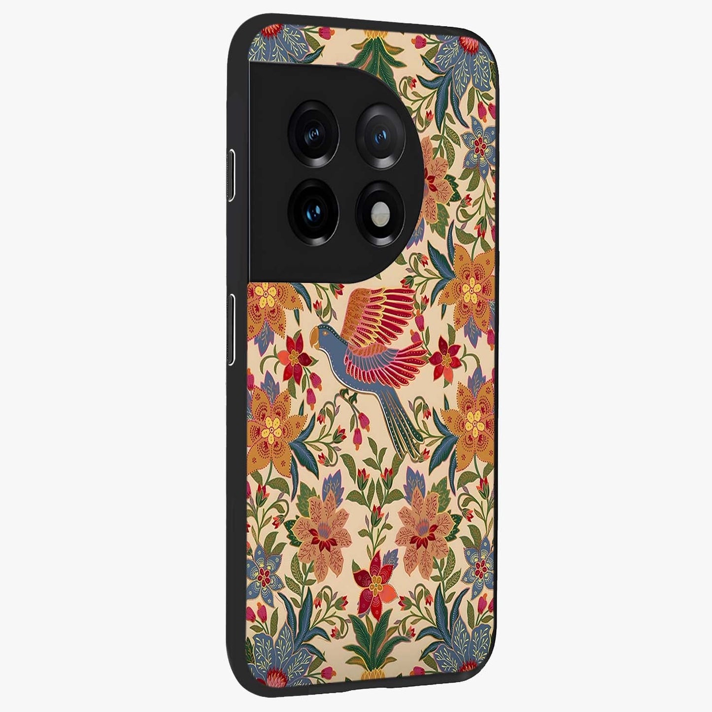 Tropical Folk Art Bird Glass Case for 1+11 side perspective highlighting detailed feather textures and premium edges
