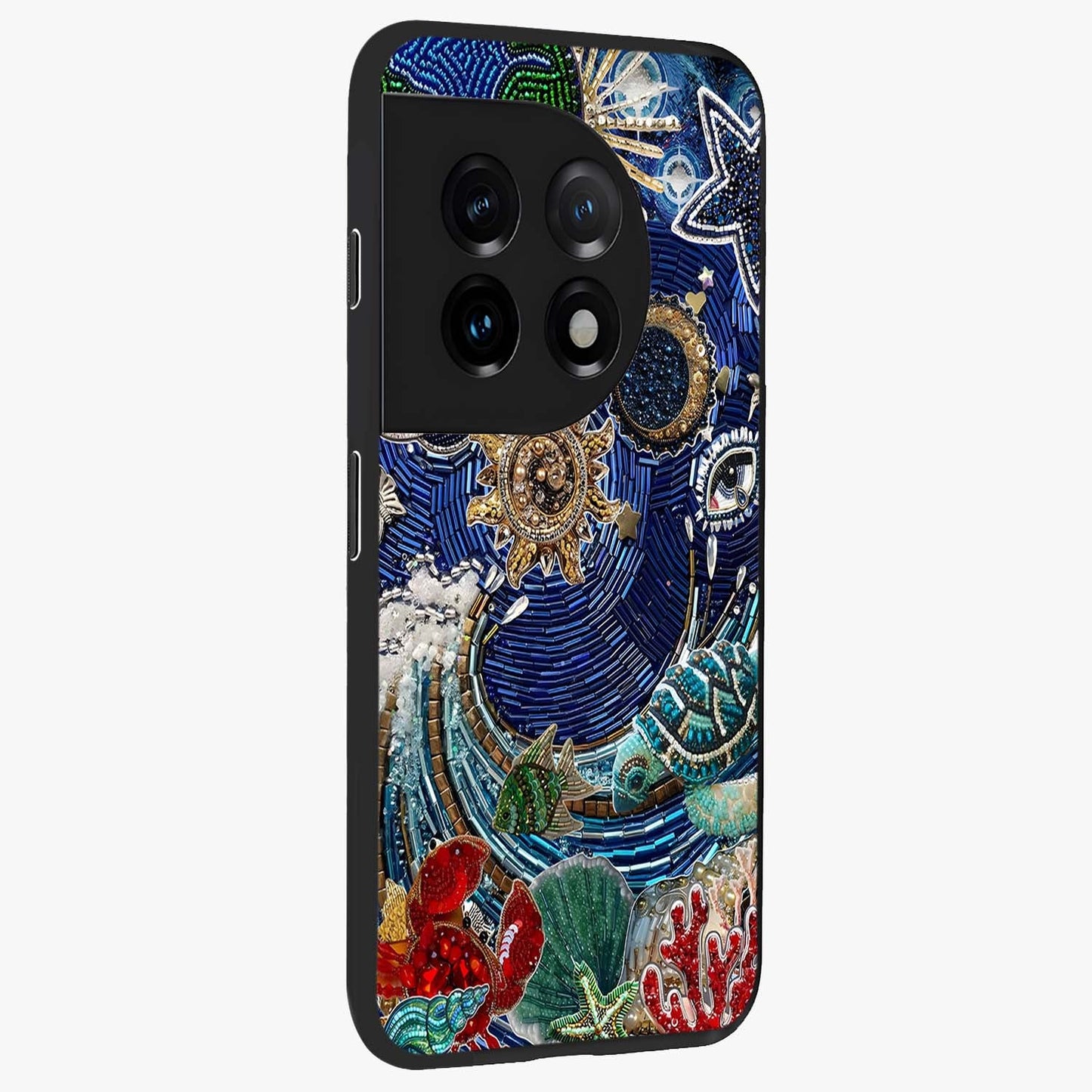 Universe Underwater Spark Glass Case for 1+11 side perspective highlighting luminous textures and smooth build