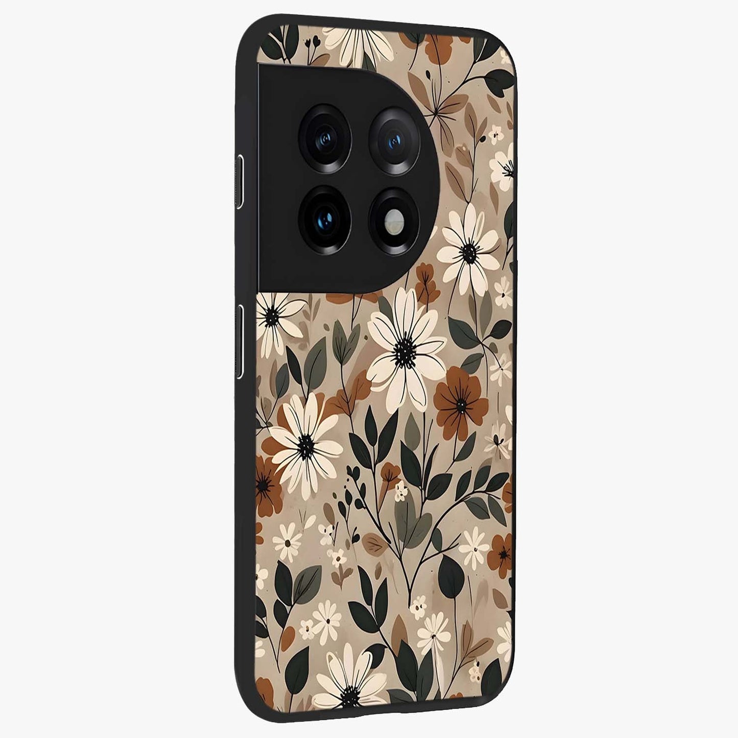 Vector Flowers Glass Case for 1+11 side perspective highlighting smooth floral textures and premium edges