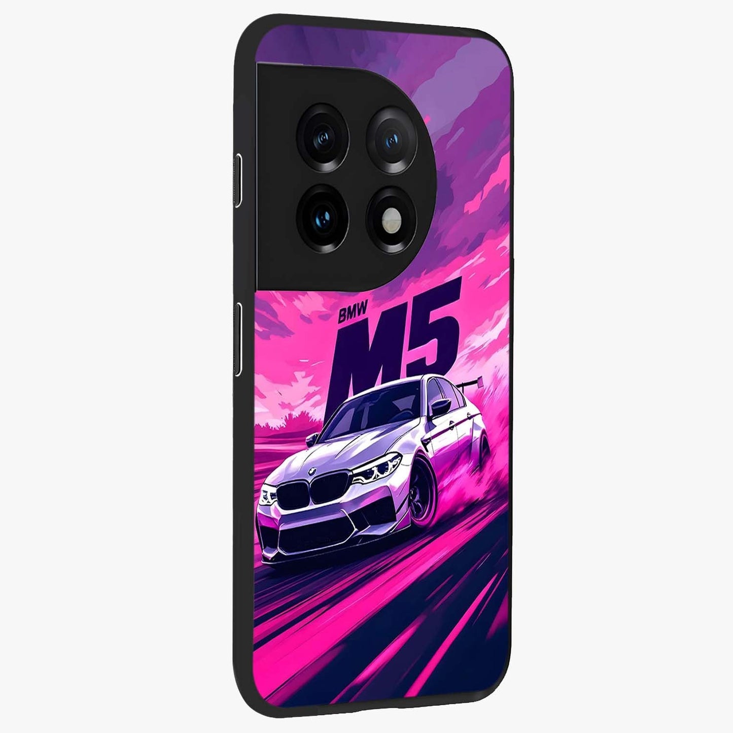 Velocity Drift Pulse Glass Case for 1+11 side perspective highlighting sharp automotive textures and sleek build
