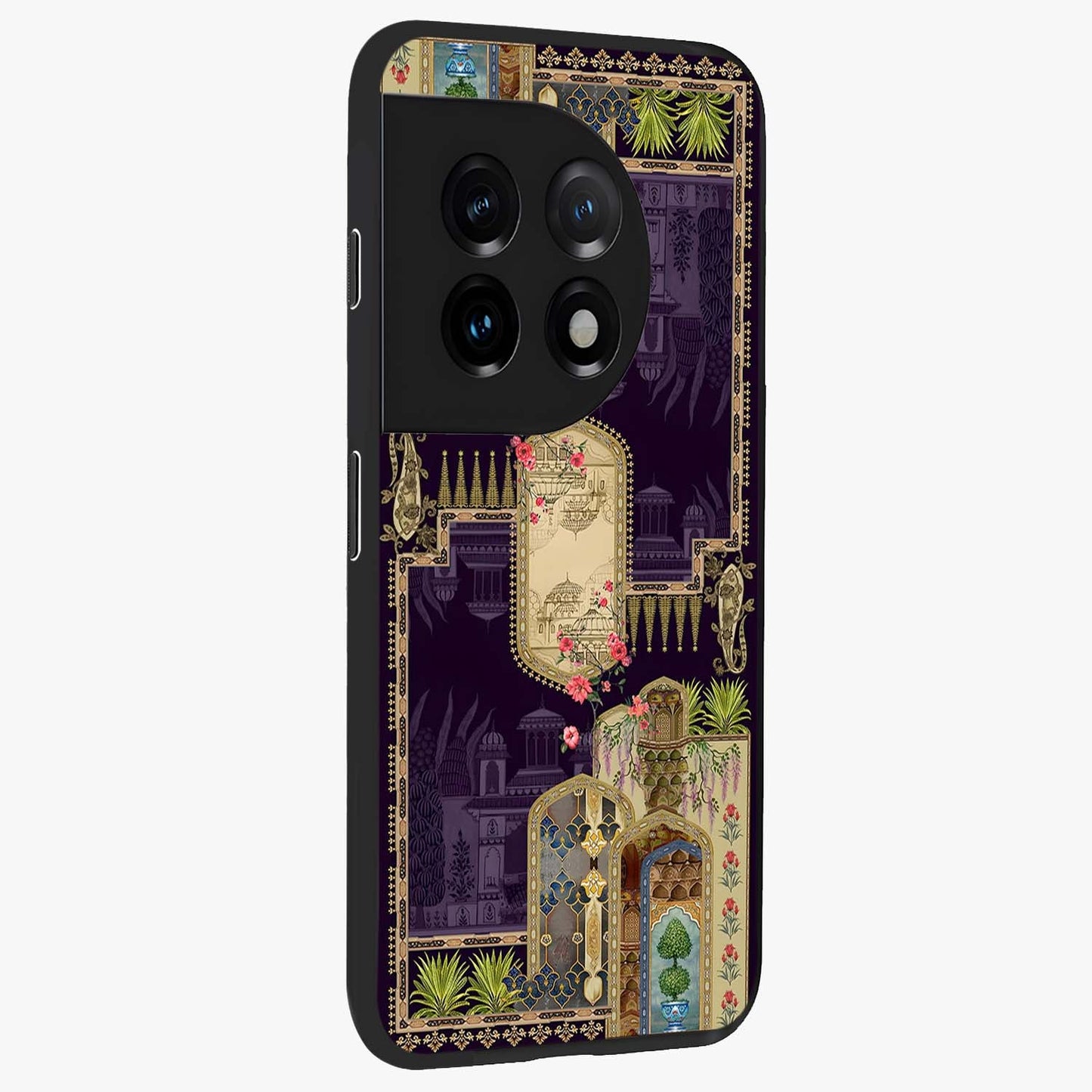 Velvet Mughal Art Glass Case for 1+11 side perspective highlighting ornate detailing and smooth premium build